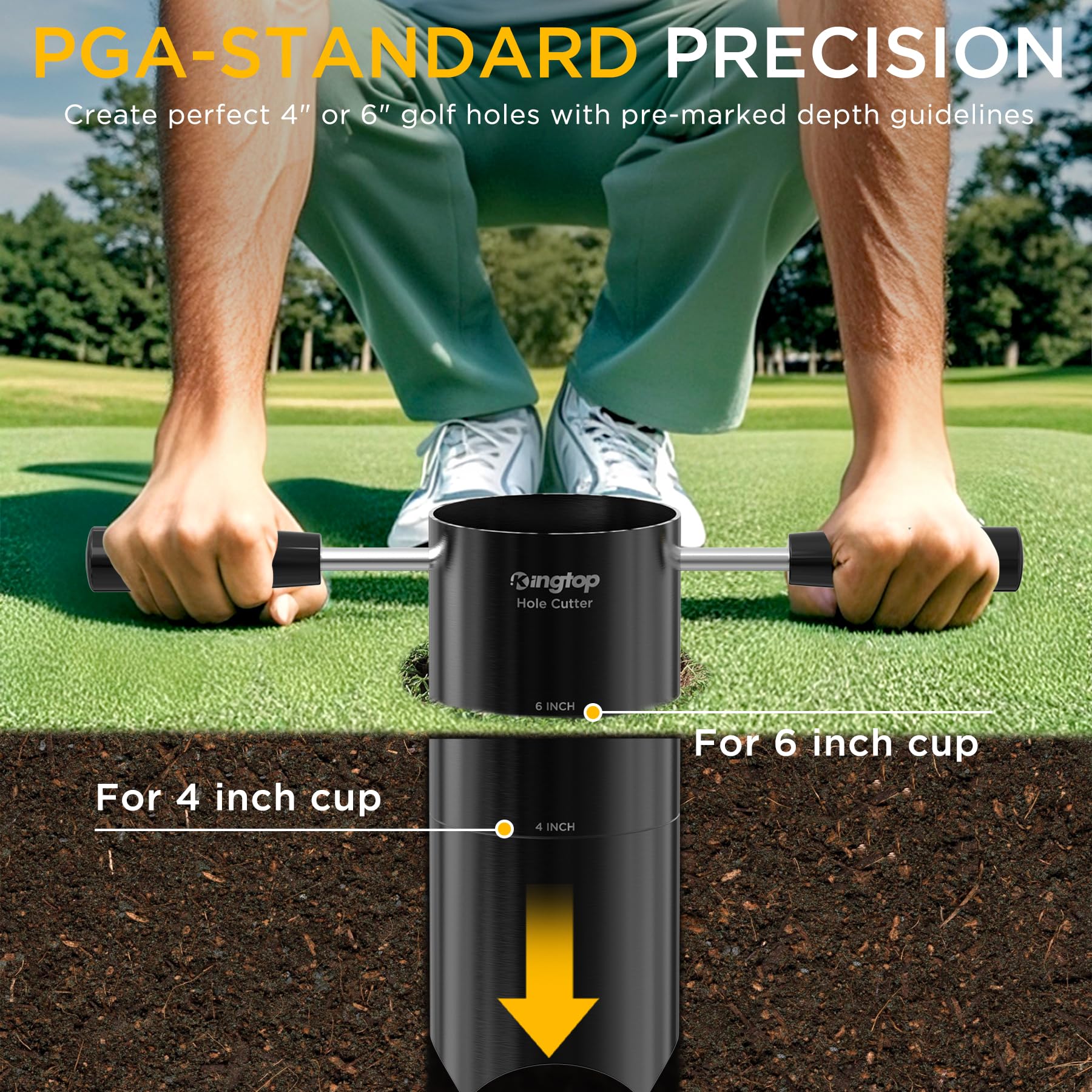 KINGTOP Golf Hole Cutter in use on a backyard putting green