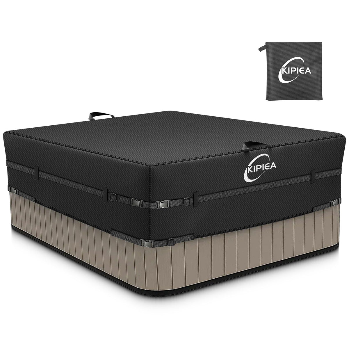 Kipiea 600D waterproof hot tub cover front view, black