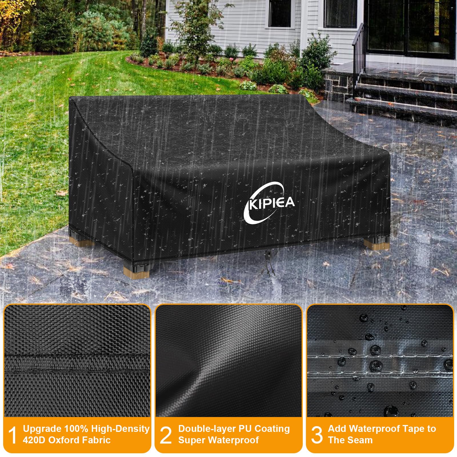 Kipiea Patio Sofa Cover side view showcasing waterproof fabric