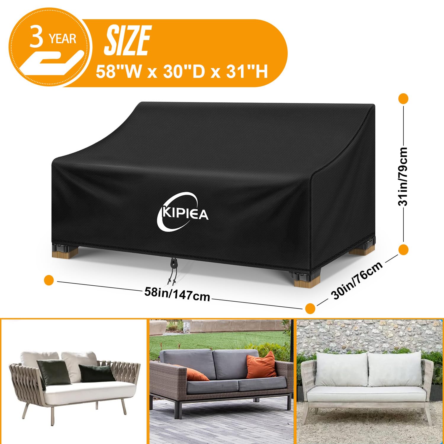 Kipiea Patio Sofa Cover side view showing dimensions