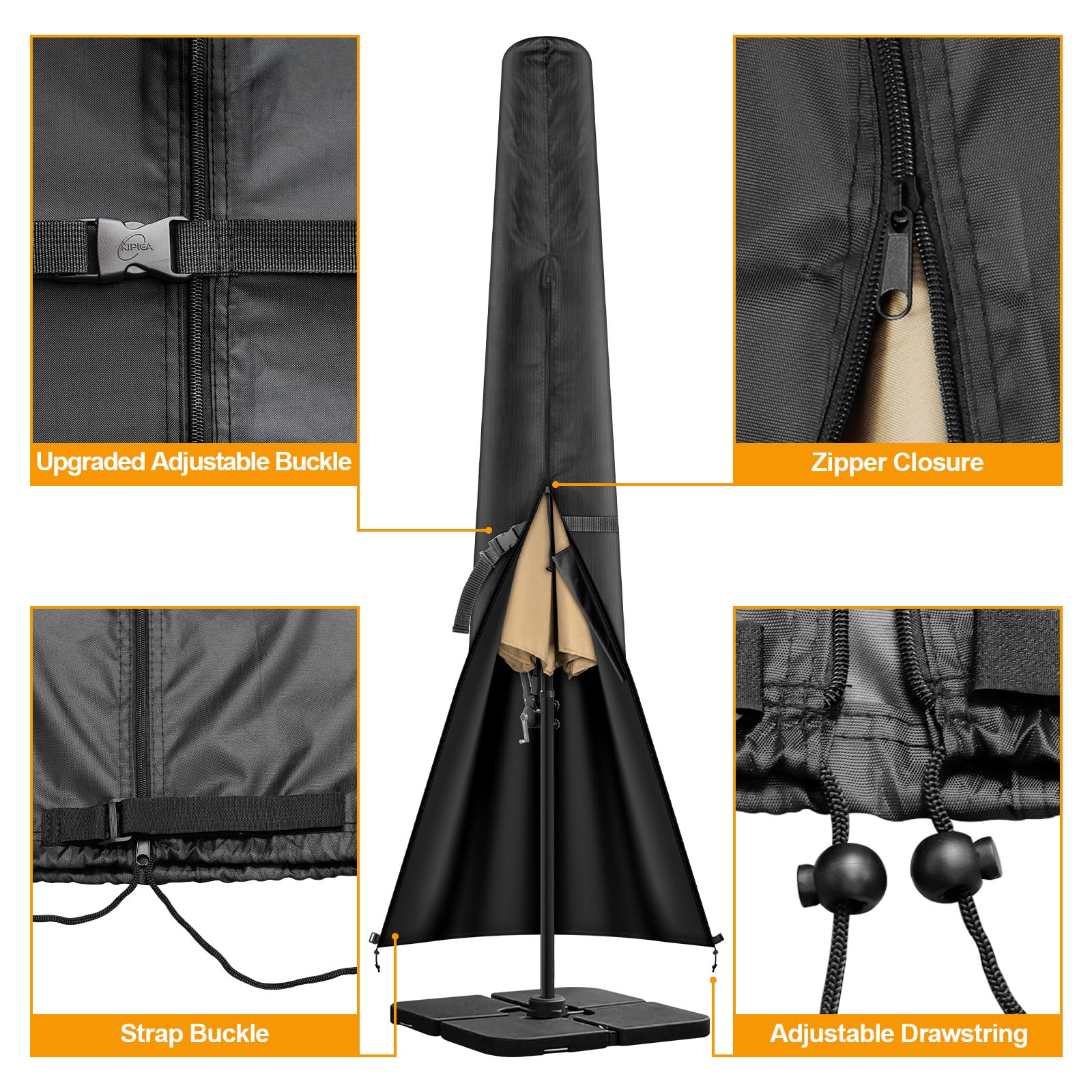 Kipiea umbrella cover secured with drawstrings
