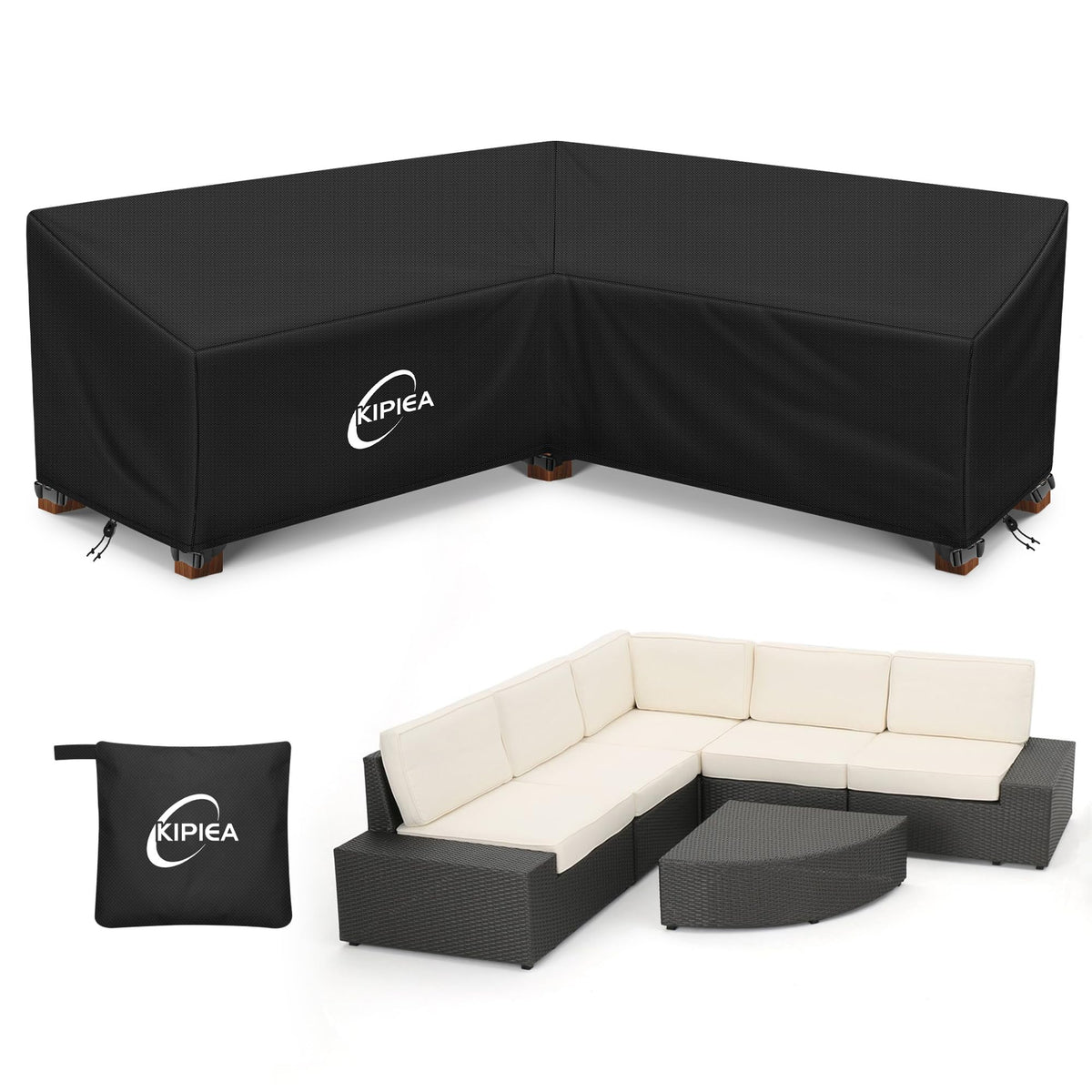 Kipiea V-Shaped Sectional Sofa Cover front view in black