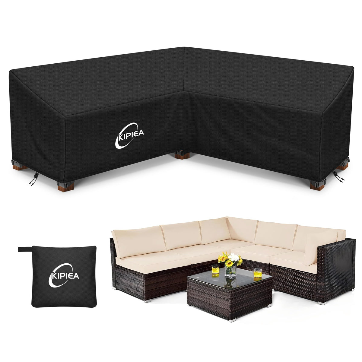 Kipiea V-Shaped Sectional Sofa Cover in Black, front view