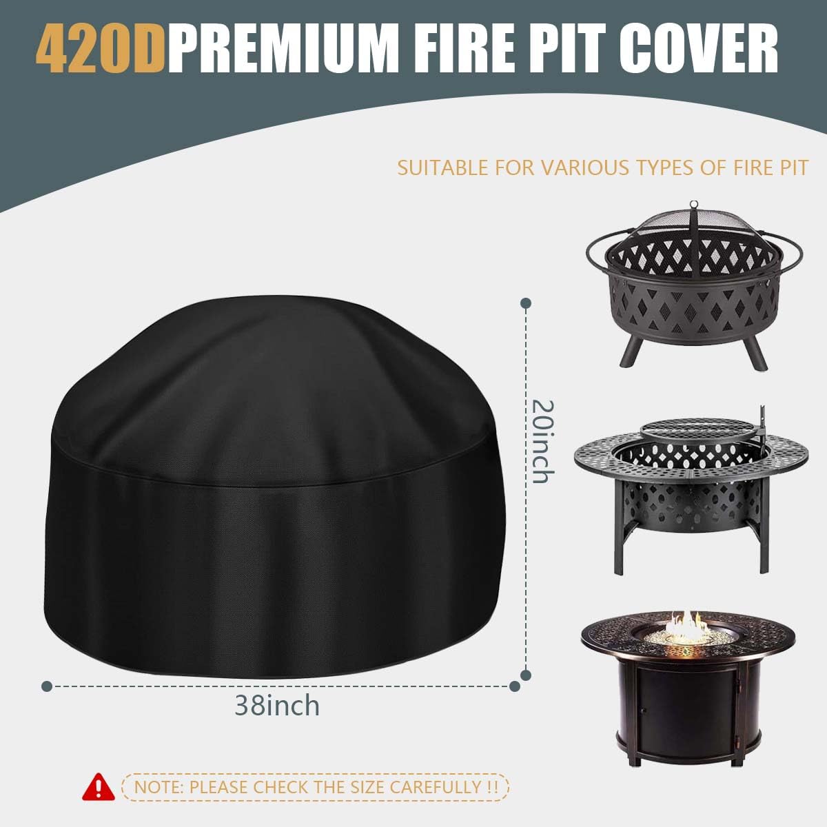 KISEER Fire Pit Cover side view showing adjustable drawstring
