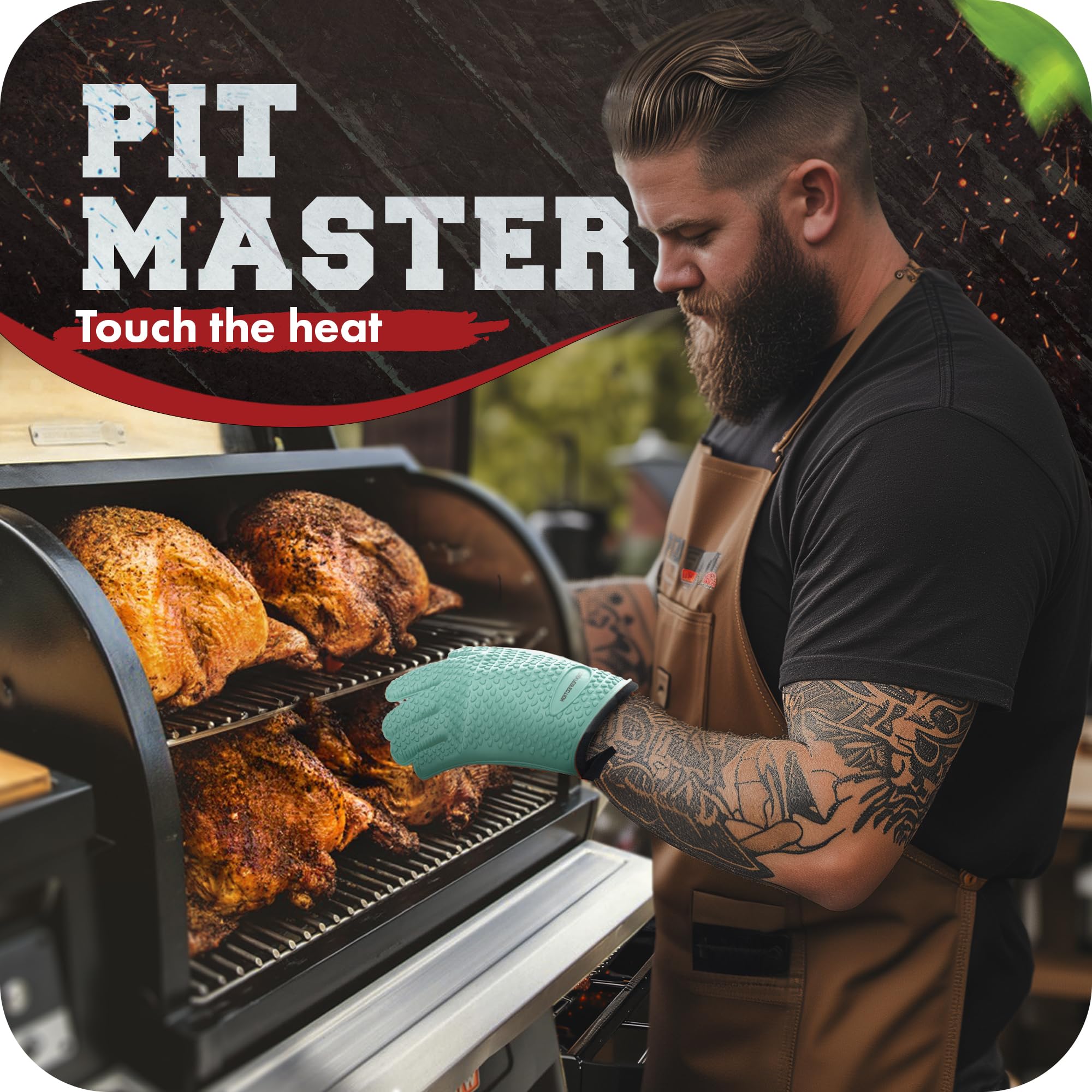 Kitchen Perfection BBQ gloves hanging on a sticky hanger