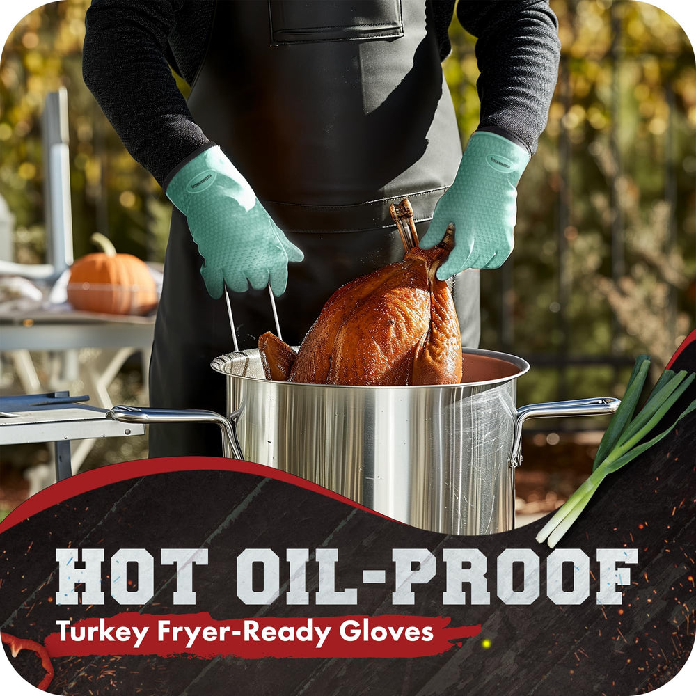 Kitchen Perfection BBQ gloves in use on a grill