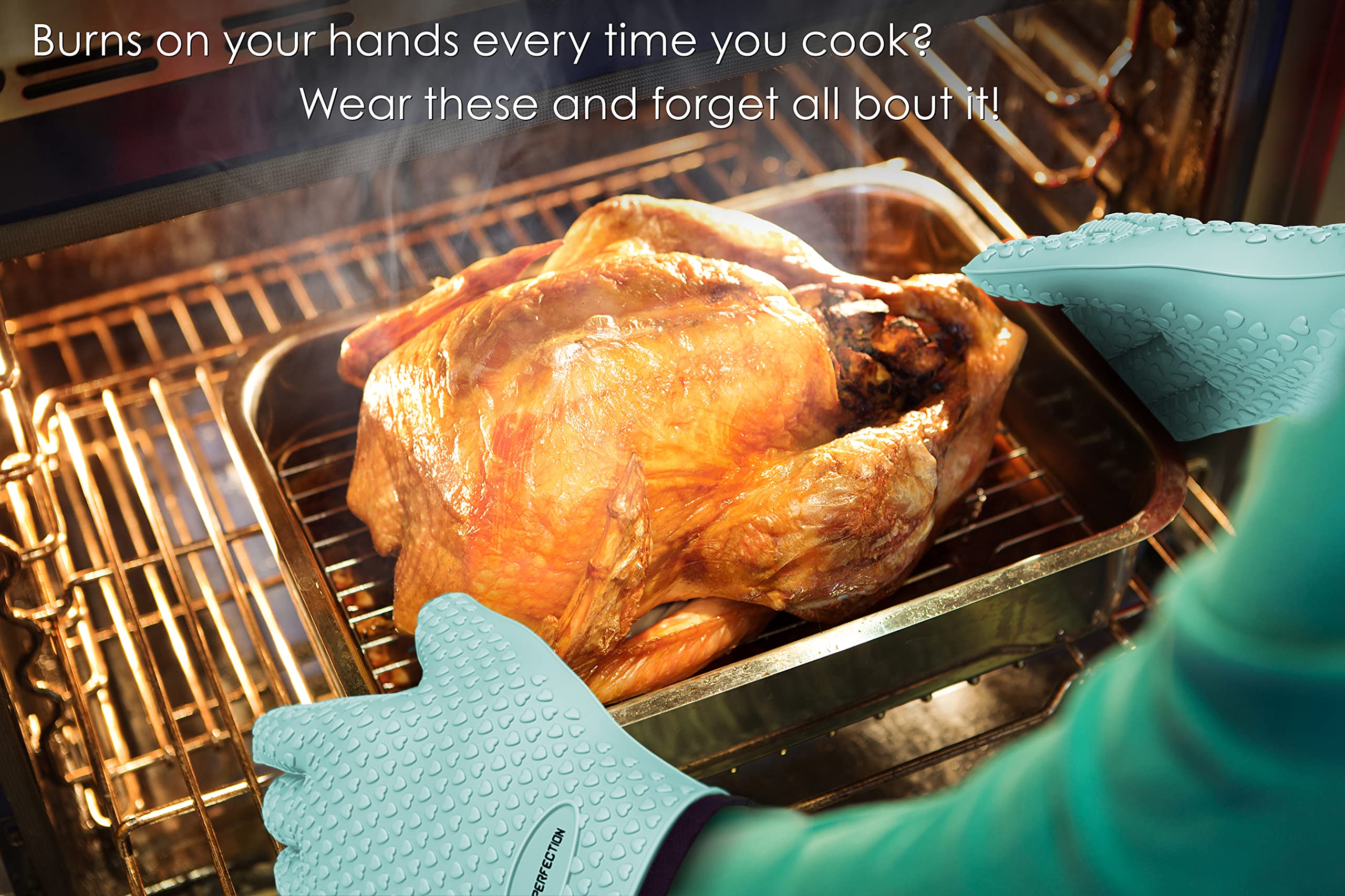 Kitchen Perfection BBQ Gloves laid flat with e-books and hangers