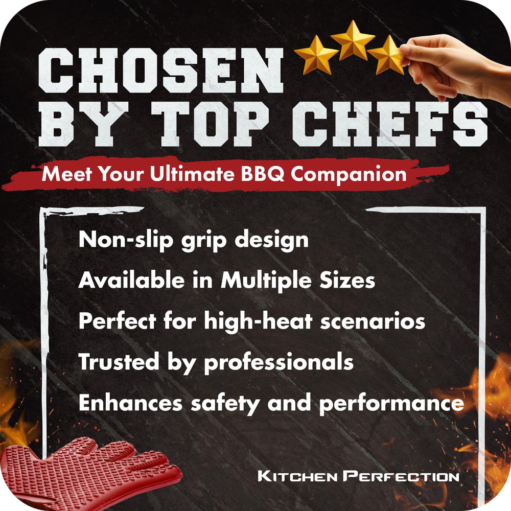Kitchen Perfection BBQ gloves next to a grill setup