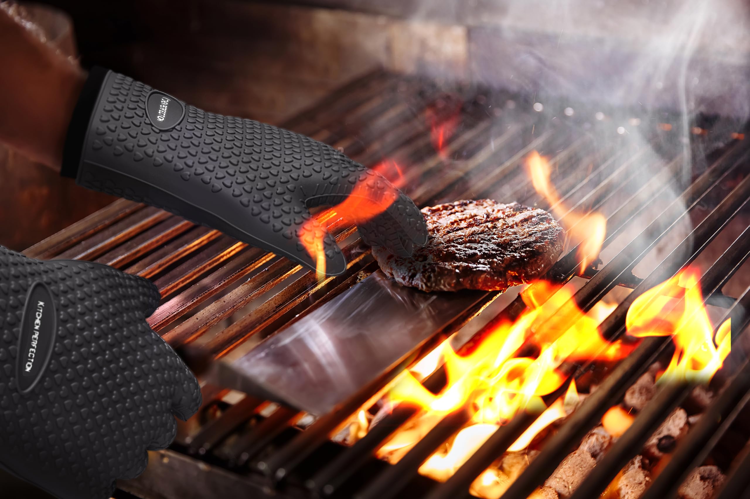 Kitchen Perfection BBQ gloves showing non-slip grip feature