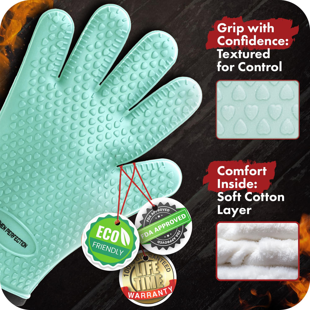 Kitchen Perfection BBQ gloves showing silicone texture and cotton lining