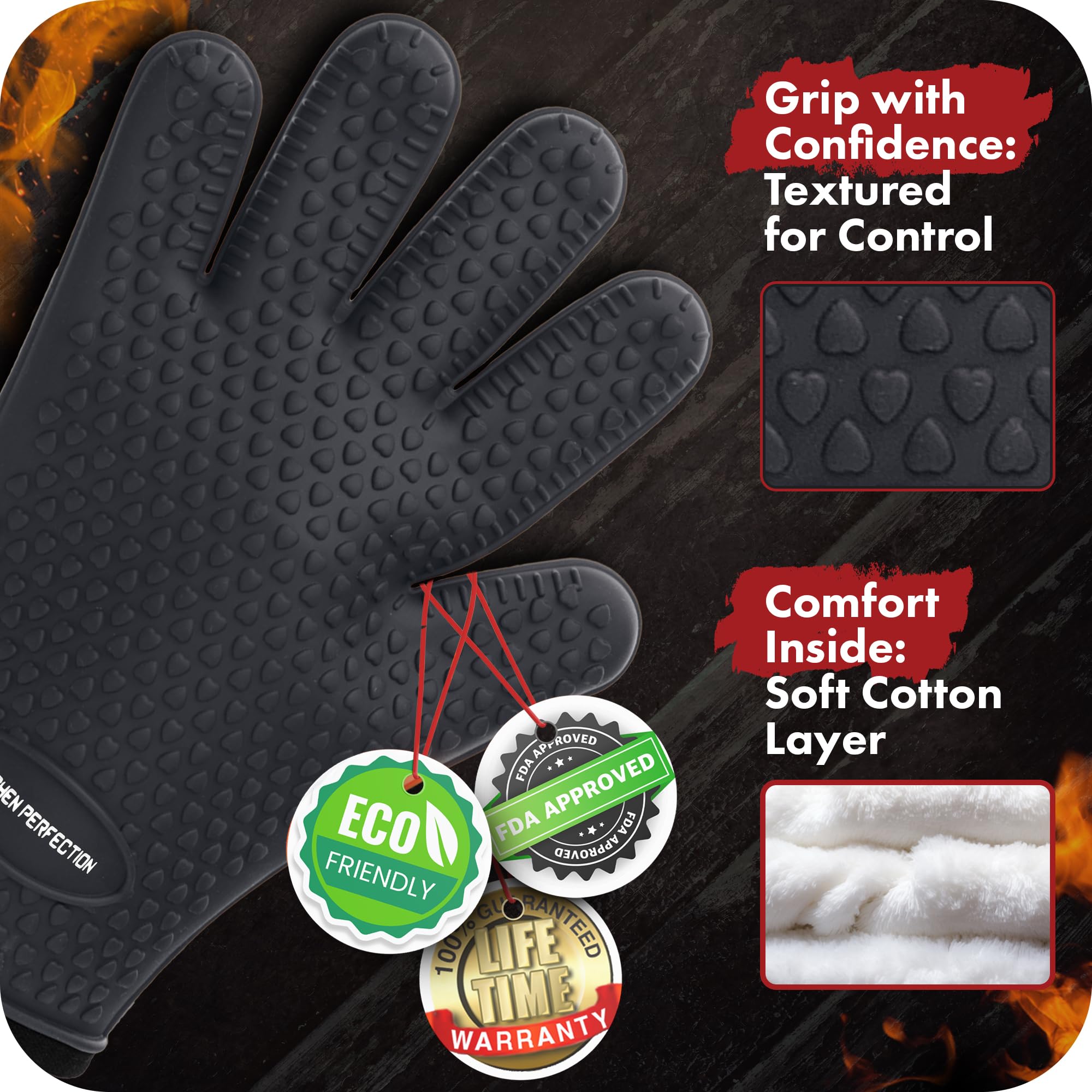 Kitchen Perfection BBQ Gloves worn by a person grilling