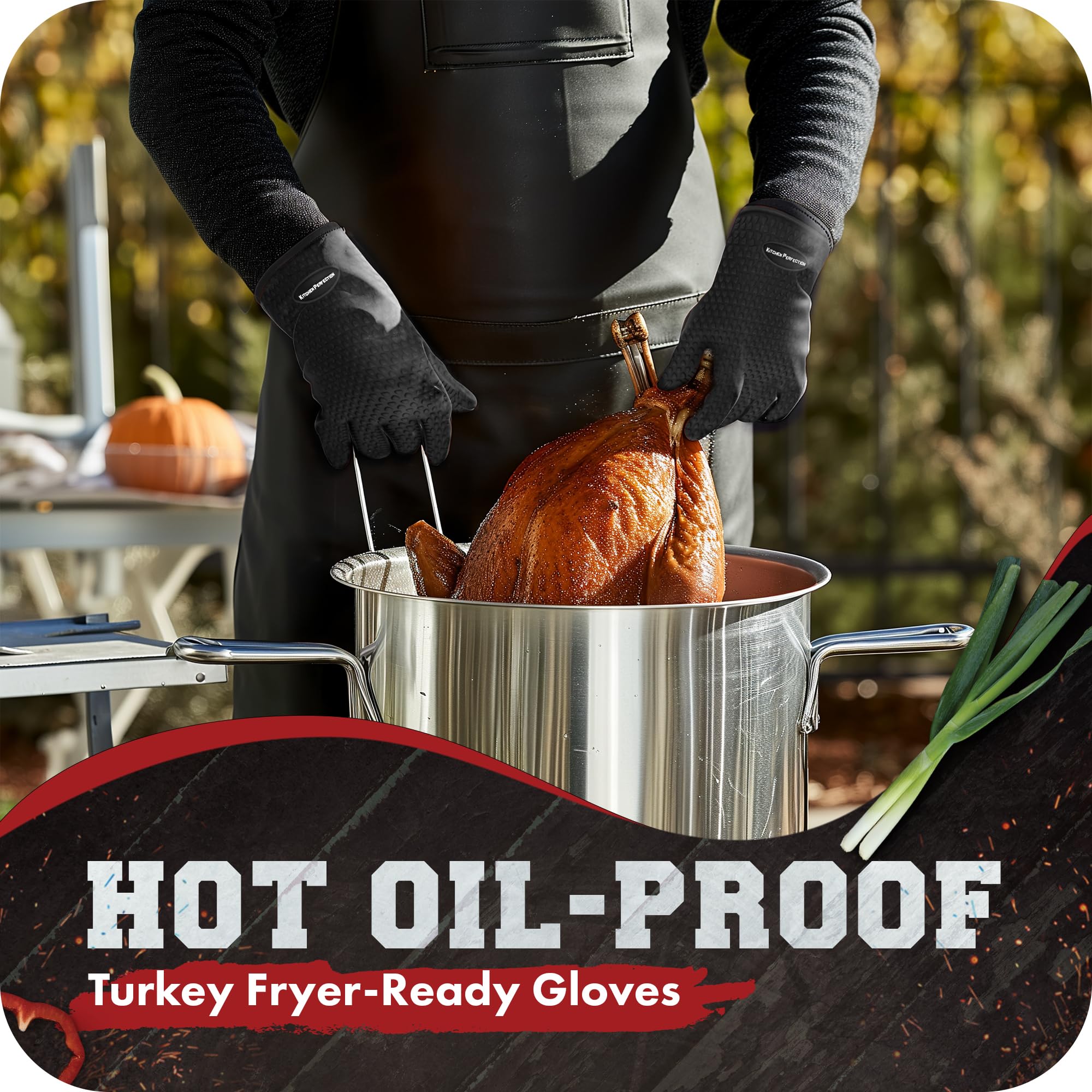 Kitchen Perfection gloves displayed with recipe e-books