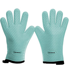 Kitchen Perfection Silicone BBQ Gloves front view, turquoise