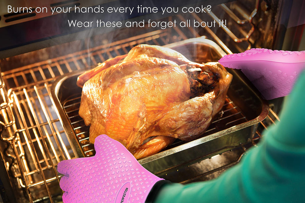 Kitchen Perfection Silicone Smoker Gloves in use grilling food