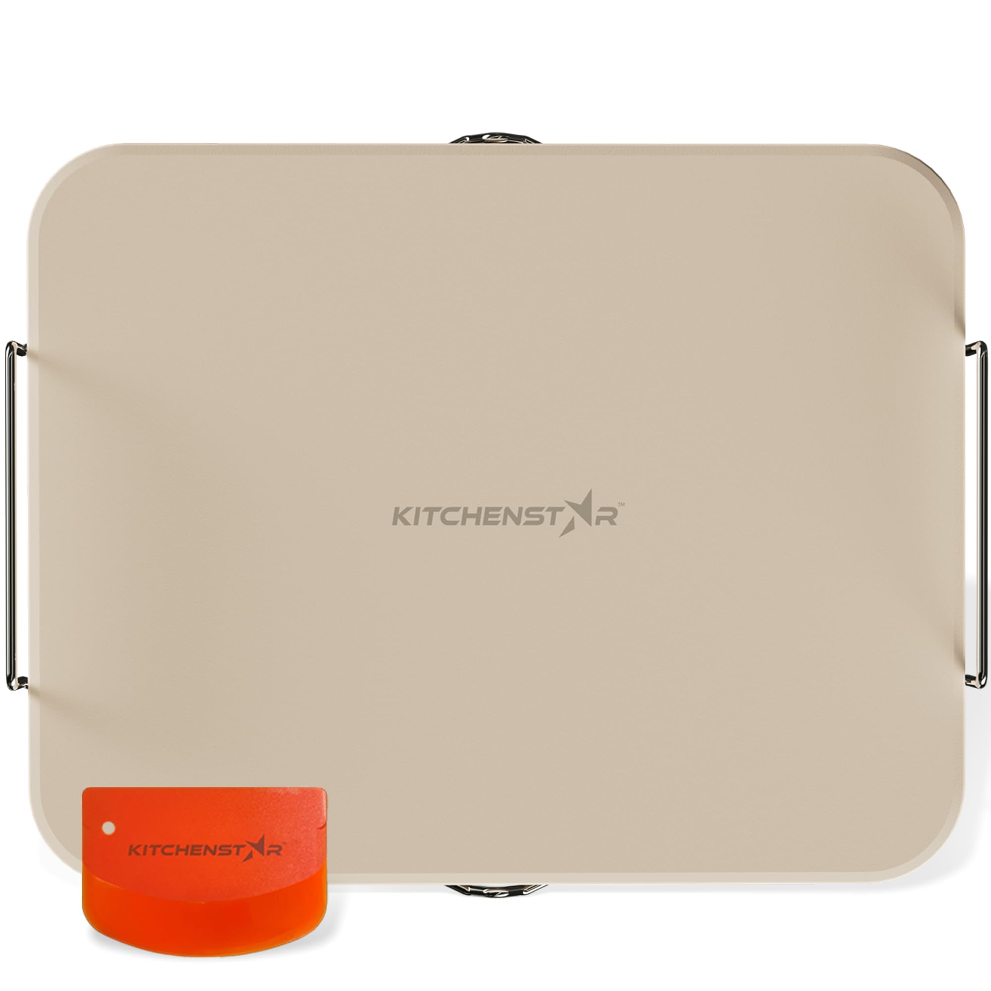KitchenStar 15x12 pizza stone front view with stainless steel stand