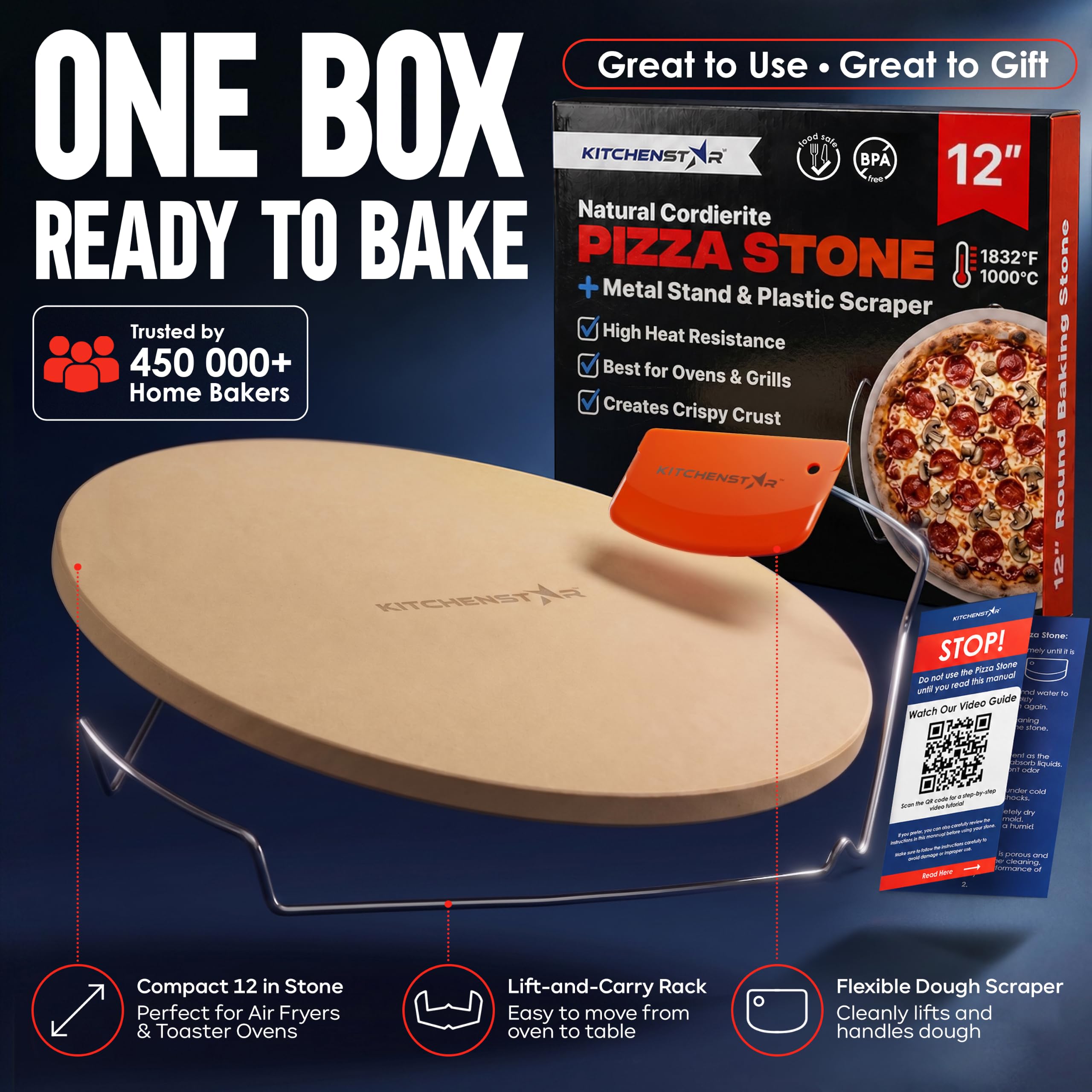 KitchenStar pizza stone with accessories on a kitchen counter