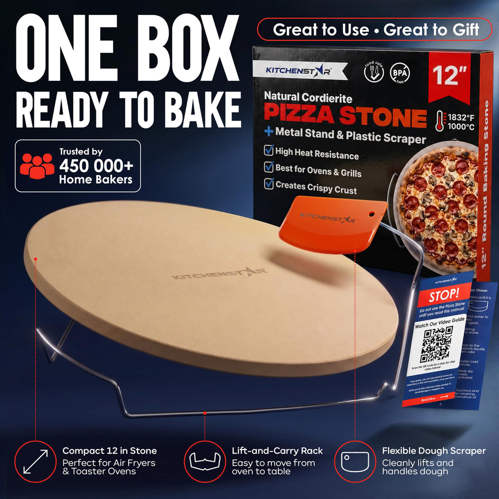 KitchenStar pizza stone with accessories on a kitchen counter