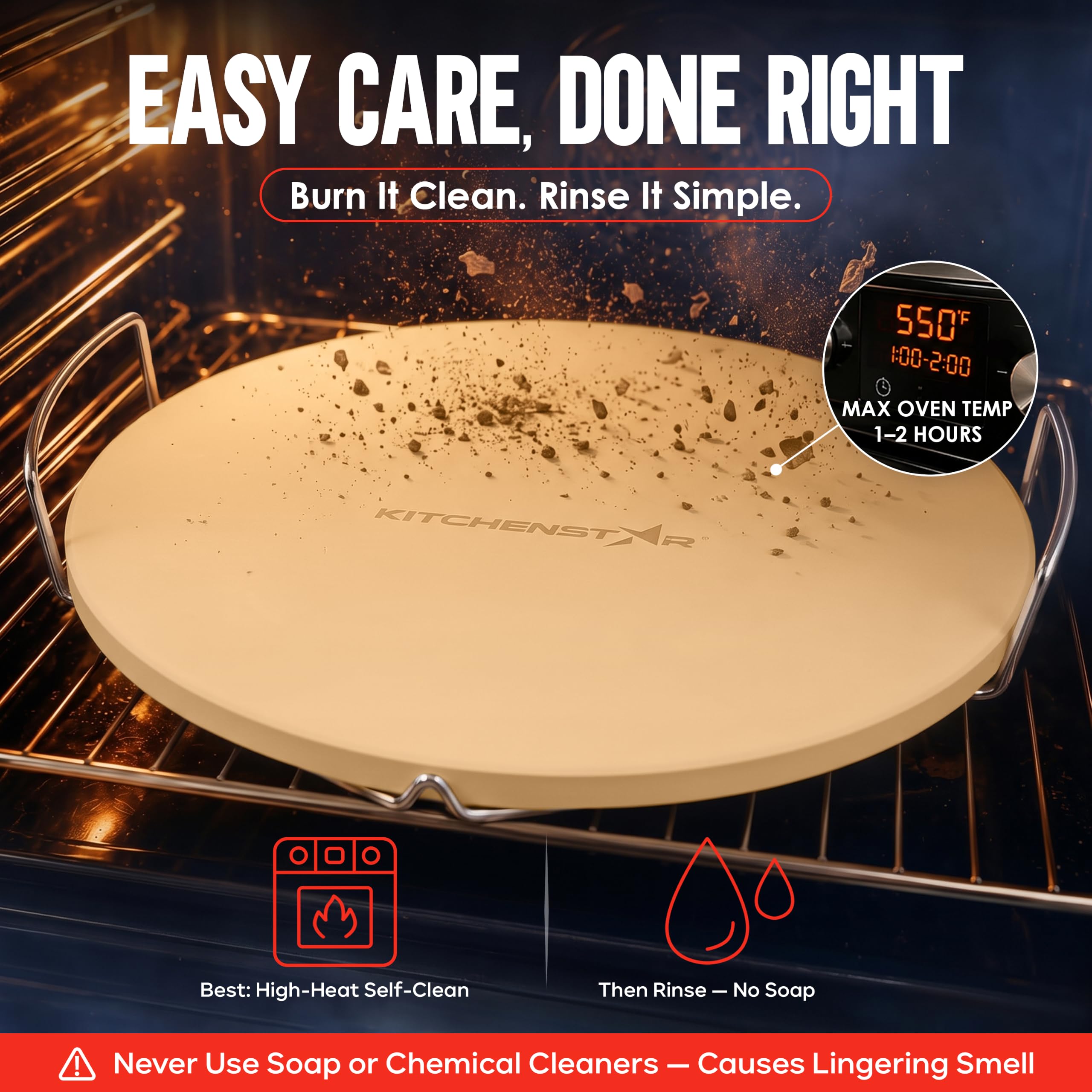 KitchenStar pizza stone with dimensions and packaging