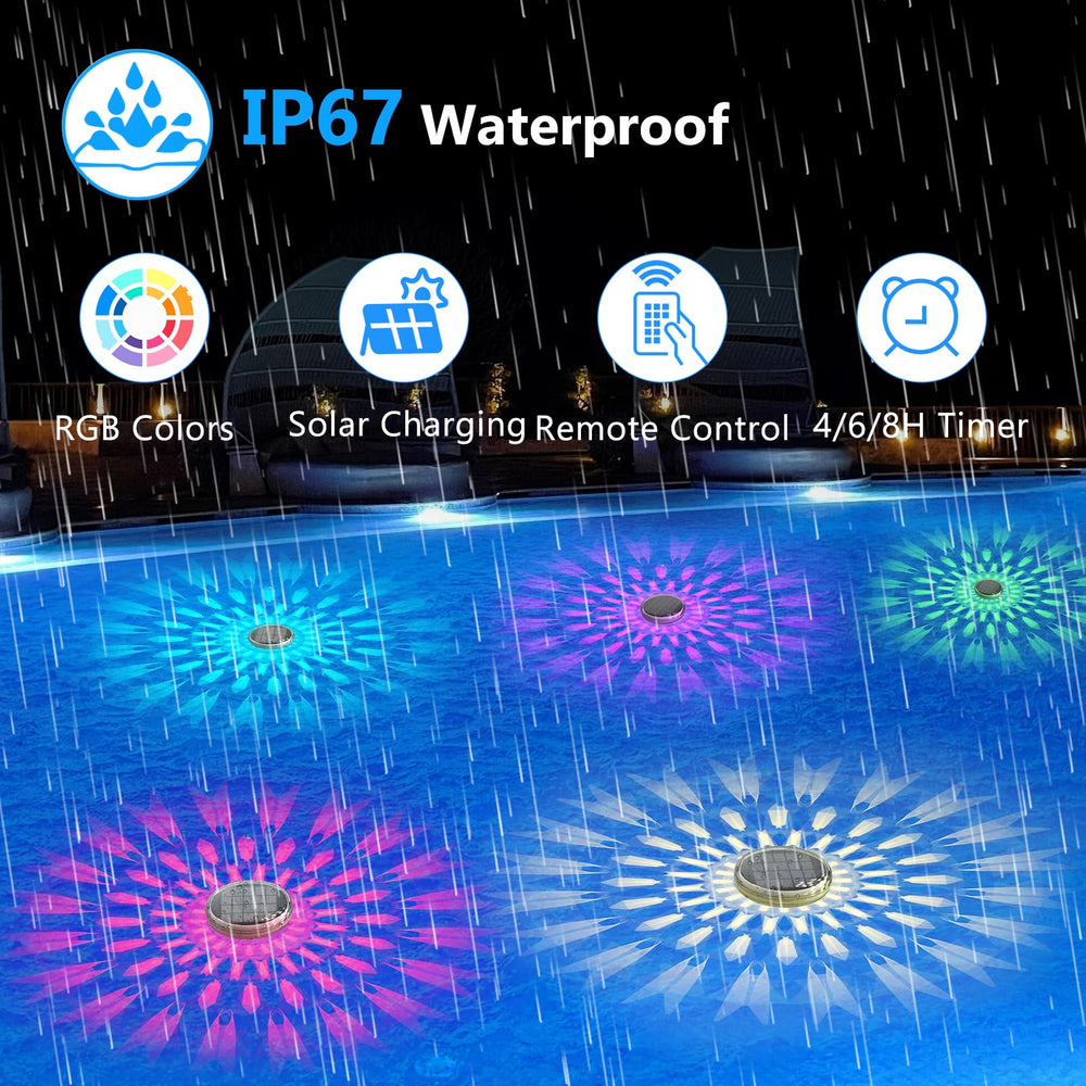 Kitloo Solar Floating Pool Light displaying RGB colors at night