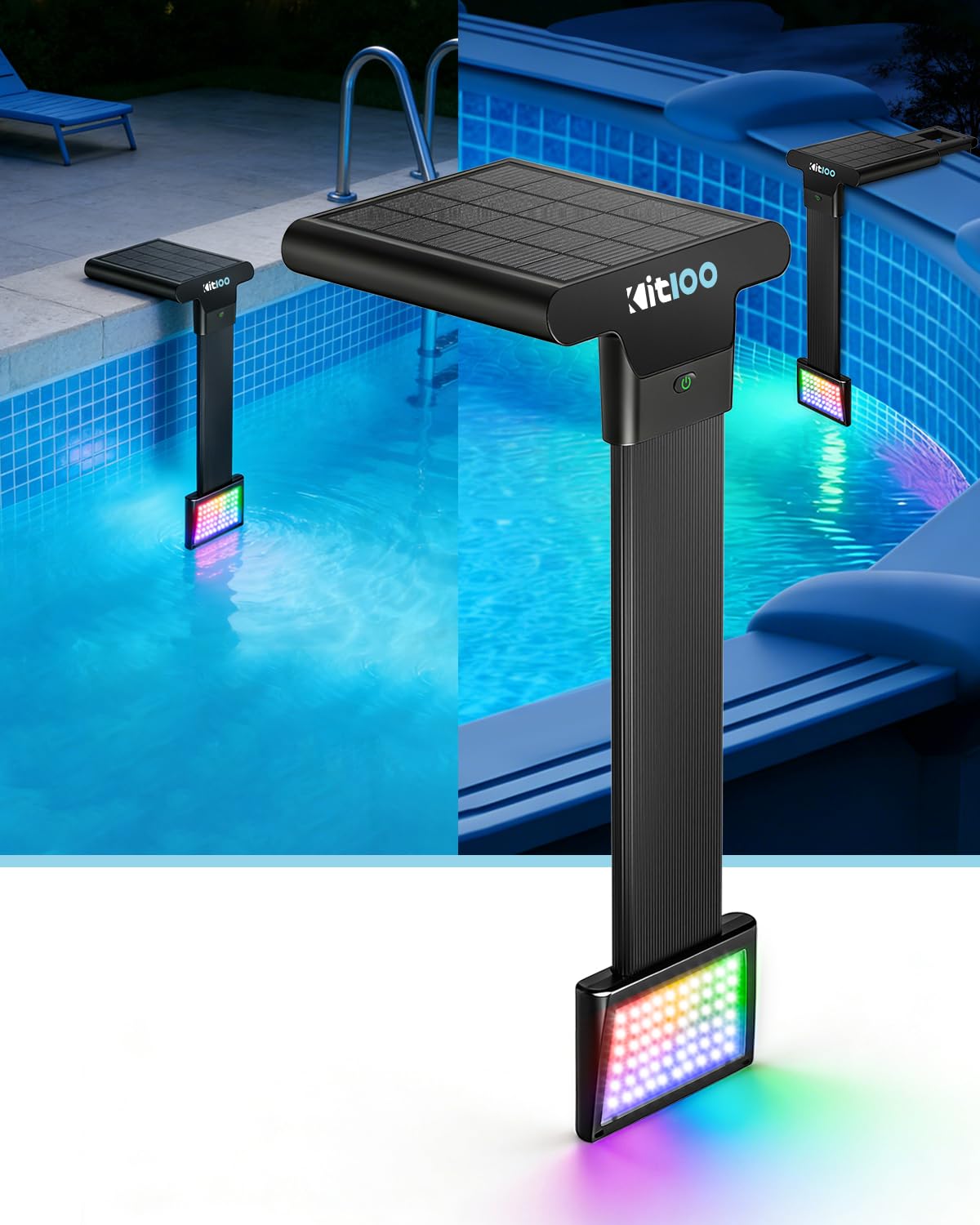 Kitloo Solar Pool Light front view with solar panel