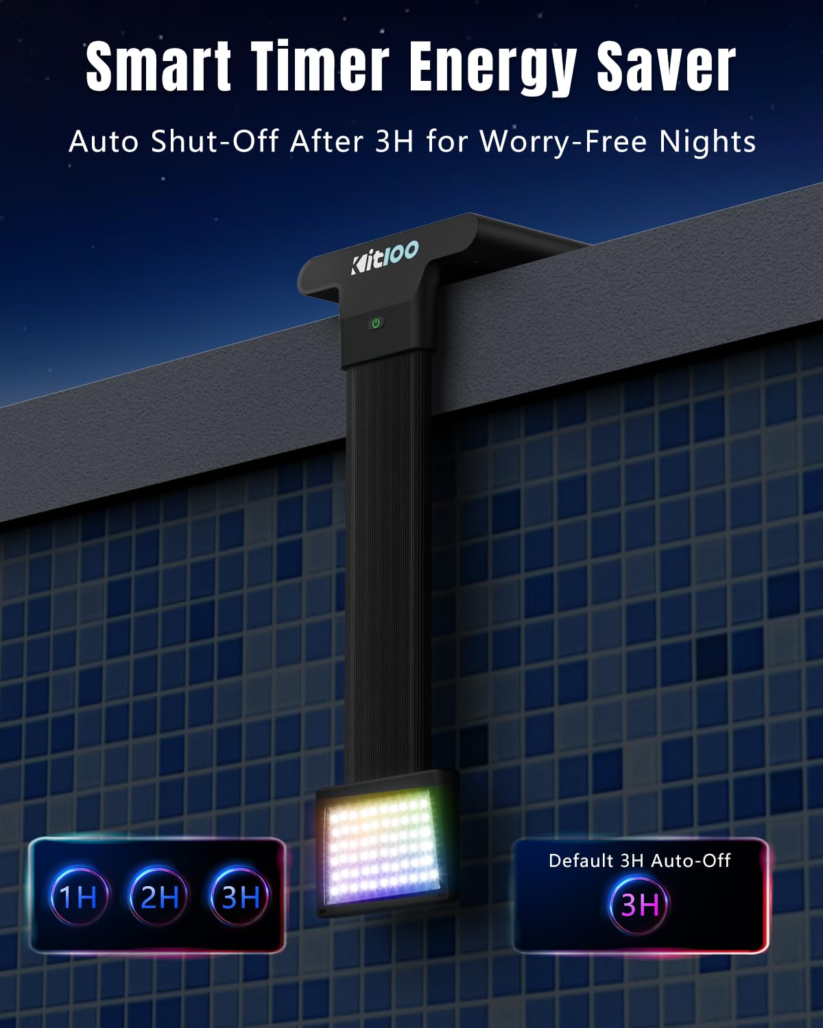 Kitloo Solar Pool Light in a night setting by the pool
