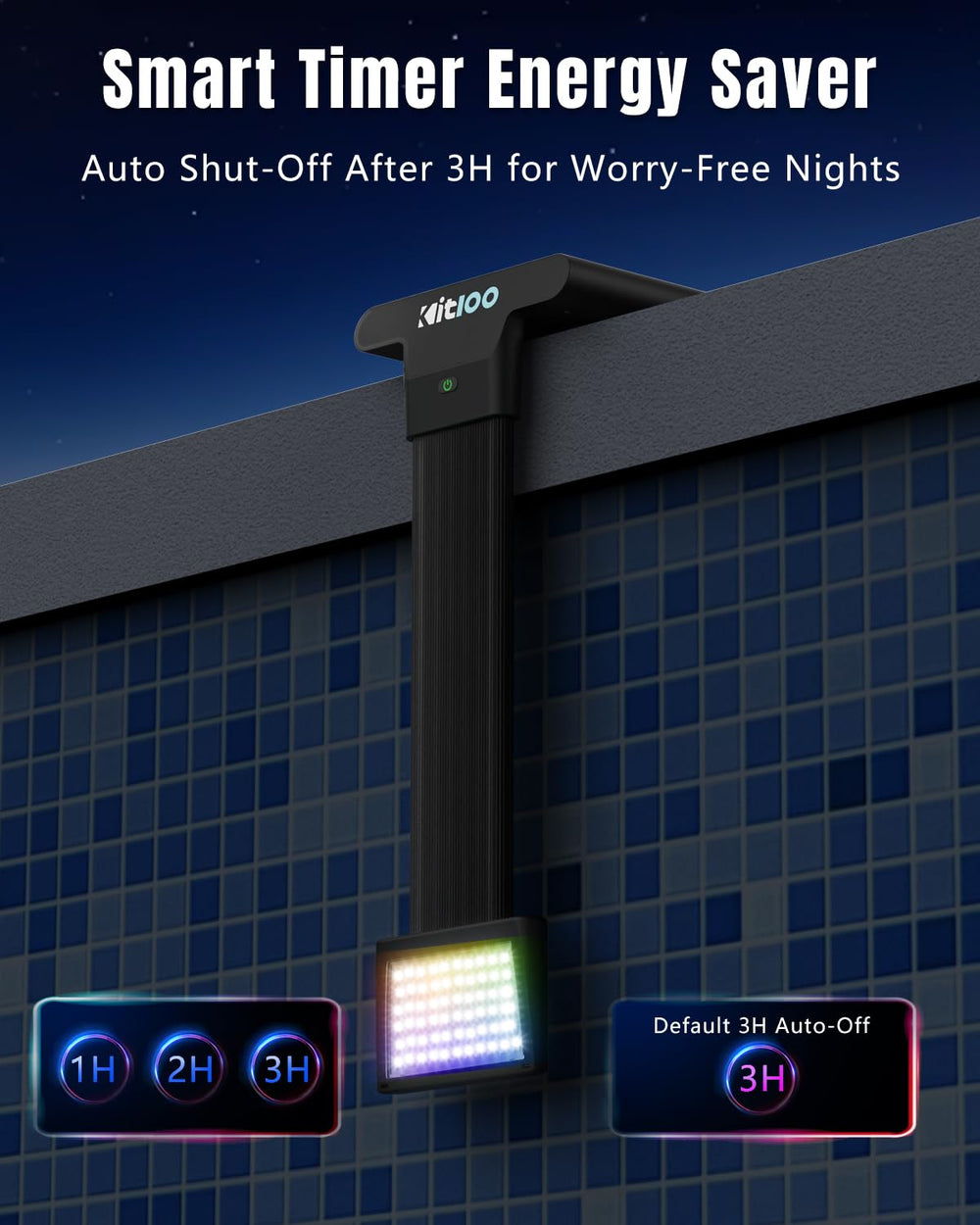Kitloo Solar Pool Light in a night setting by the pool