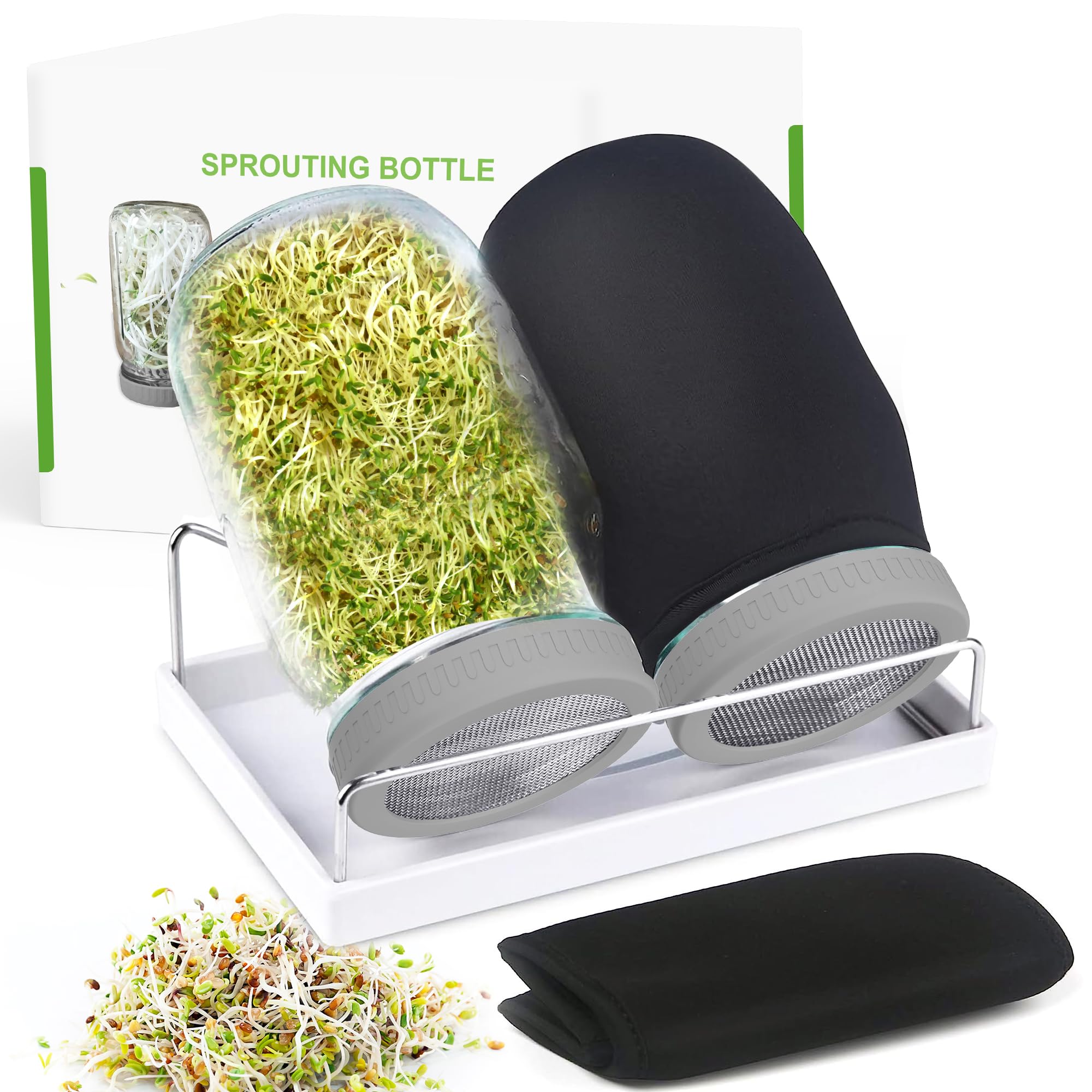 Kitmiido Organic Seed Sprouting Kit with 2 glass jars and stainless steel lids