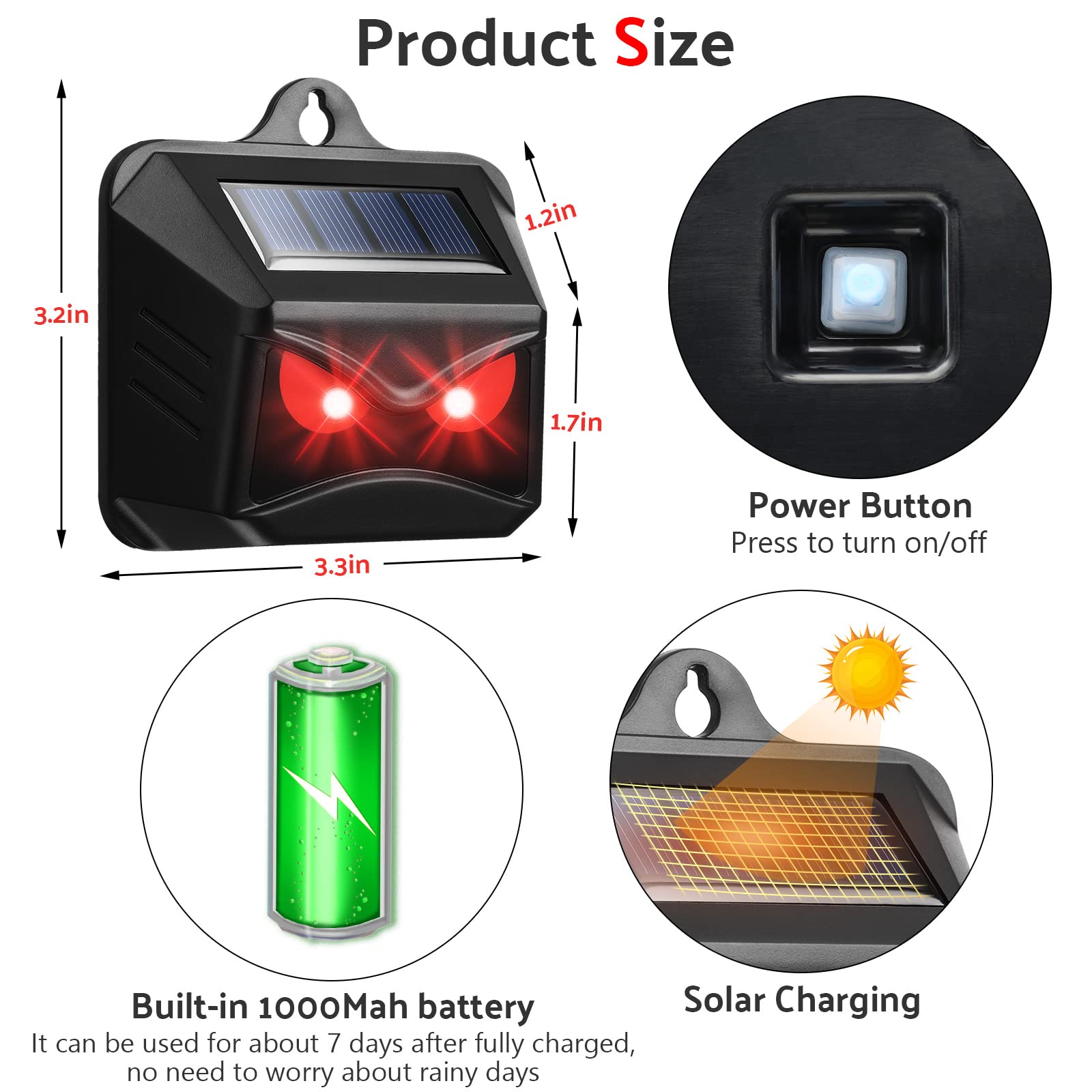Kittmip solar animal repeller with LED lights side view