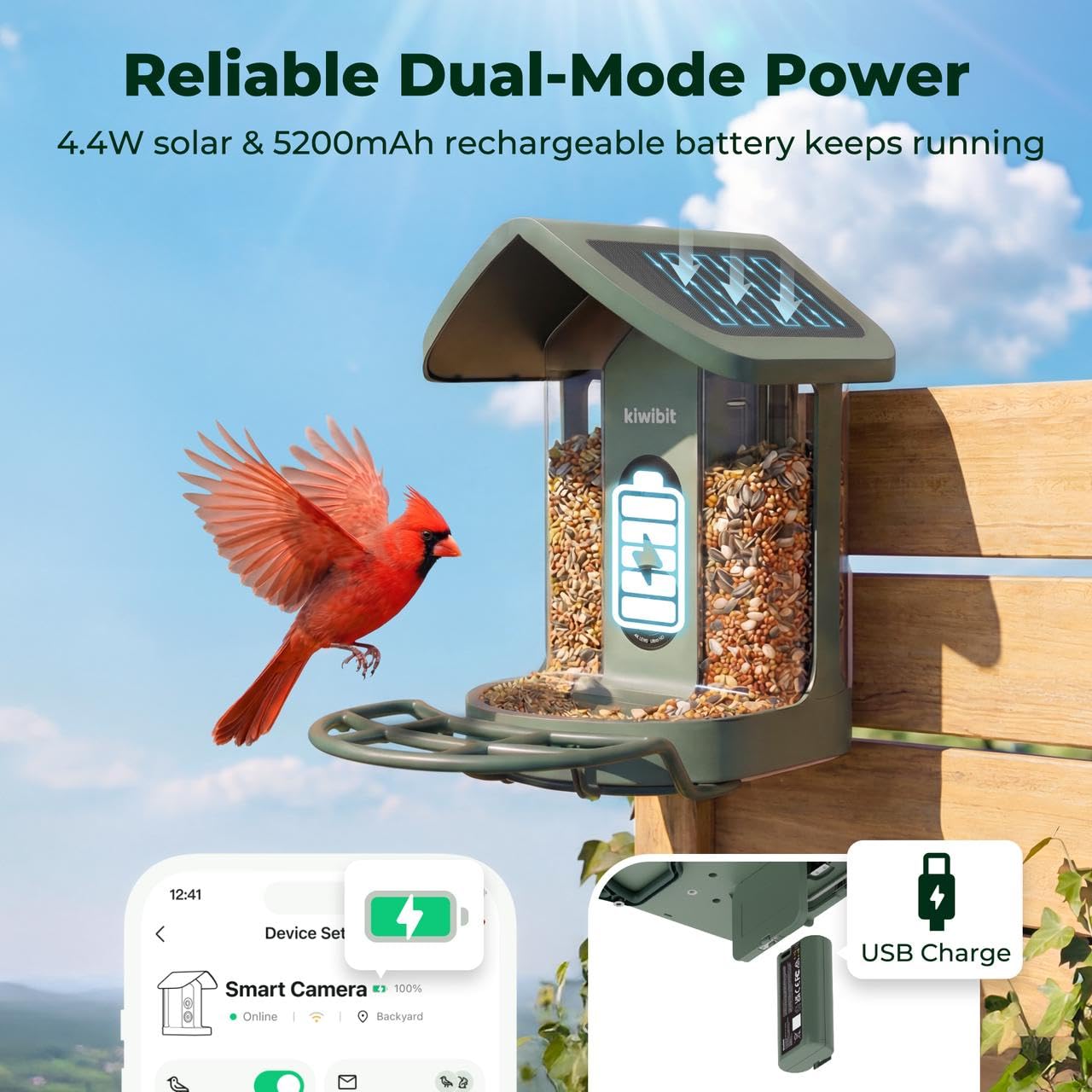 Kiwibit Solar Smart Bird Feeder with birds feeding