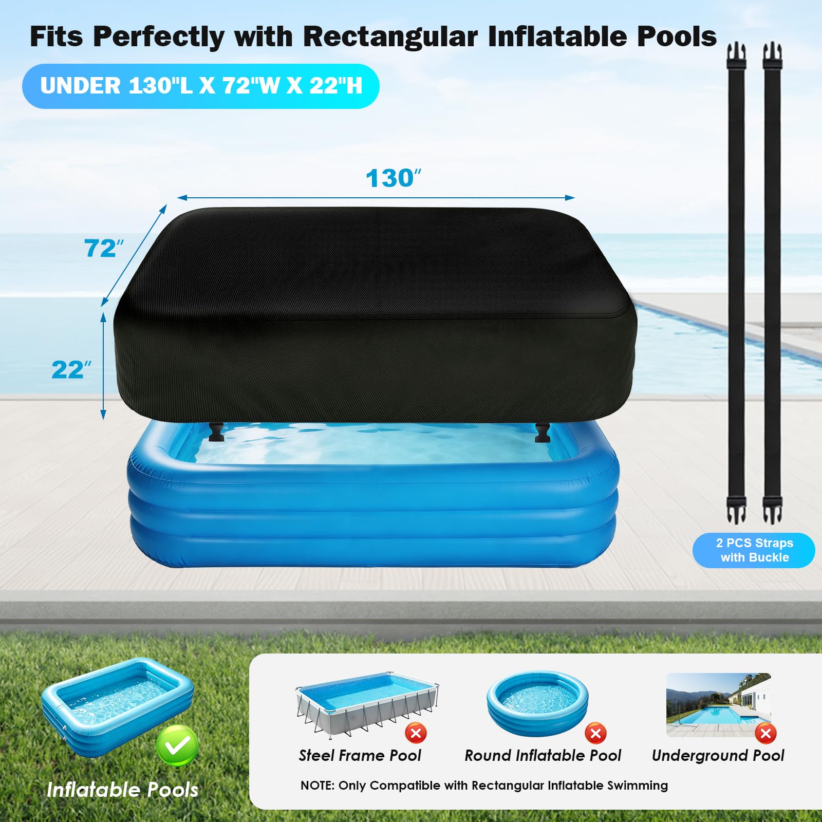 KJX Inflatable Pool Cover fitting on a 130" x 72" inflatable pool