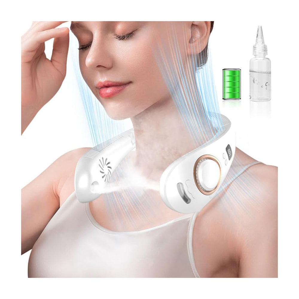 KJXIC Neck Fan in white and purple with mist spray feature