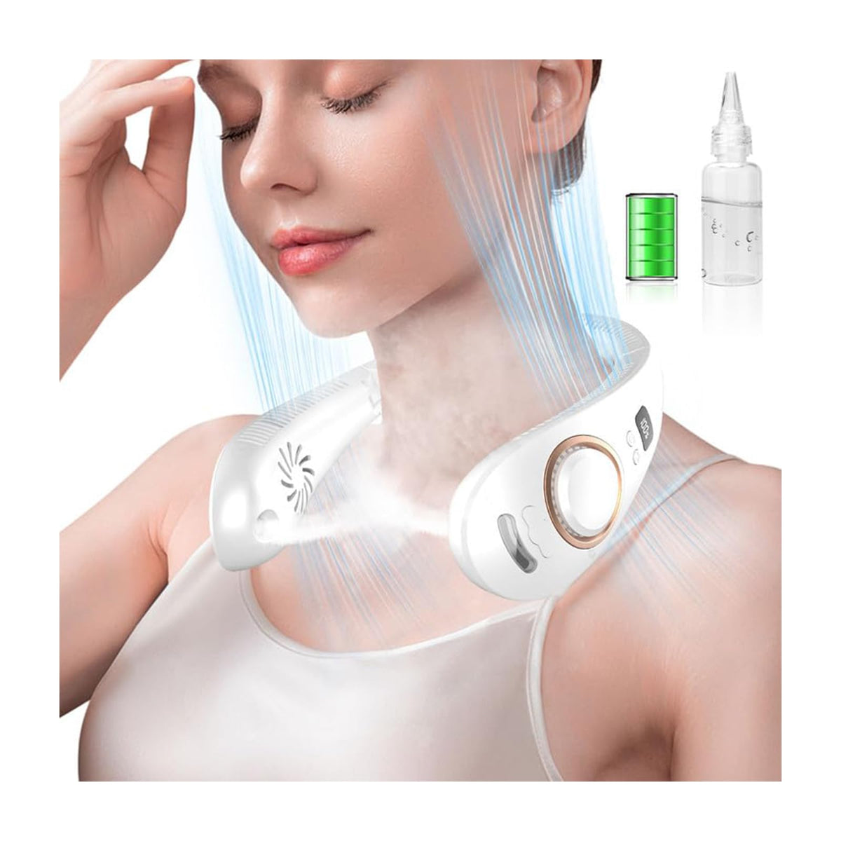 KJXIC Neck Fan in white and purple with mist spray feature