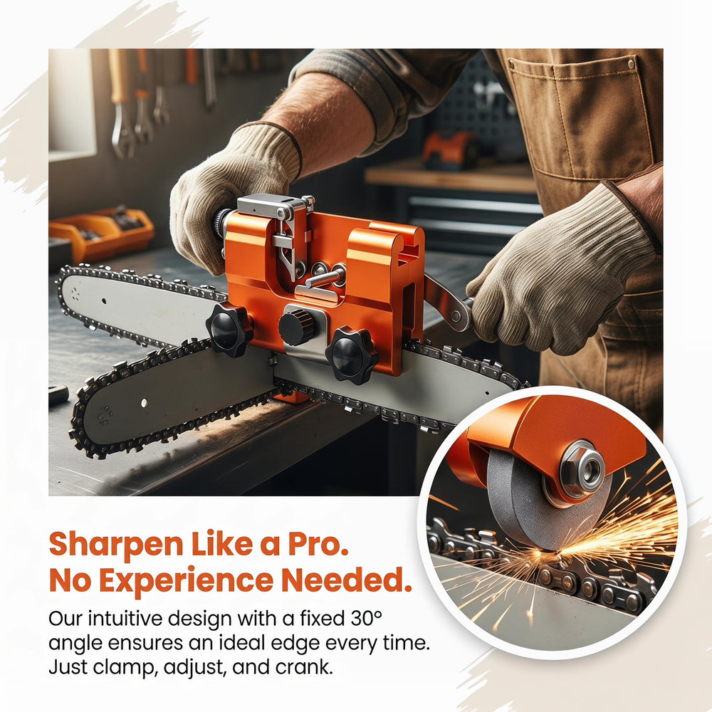 Klampero Pro Chainsaw Sharpener being used outdoors