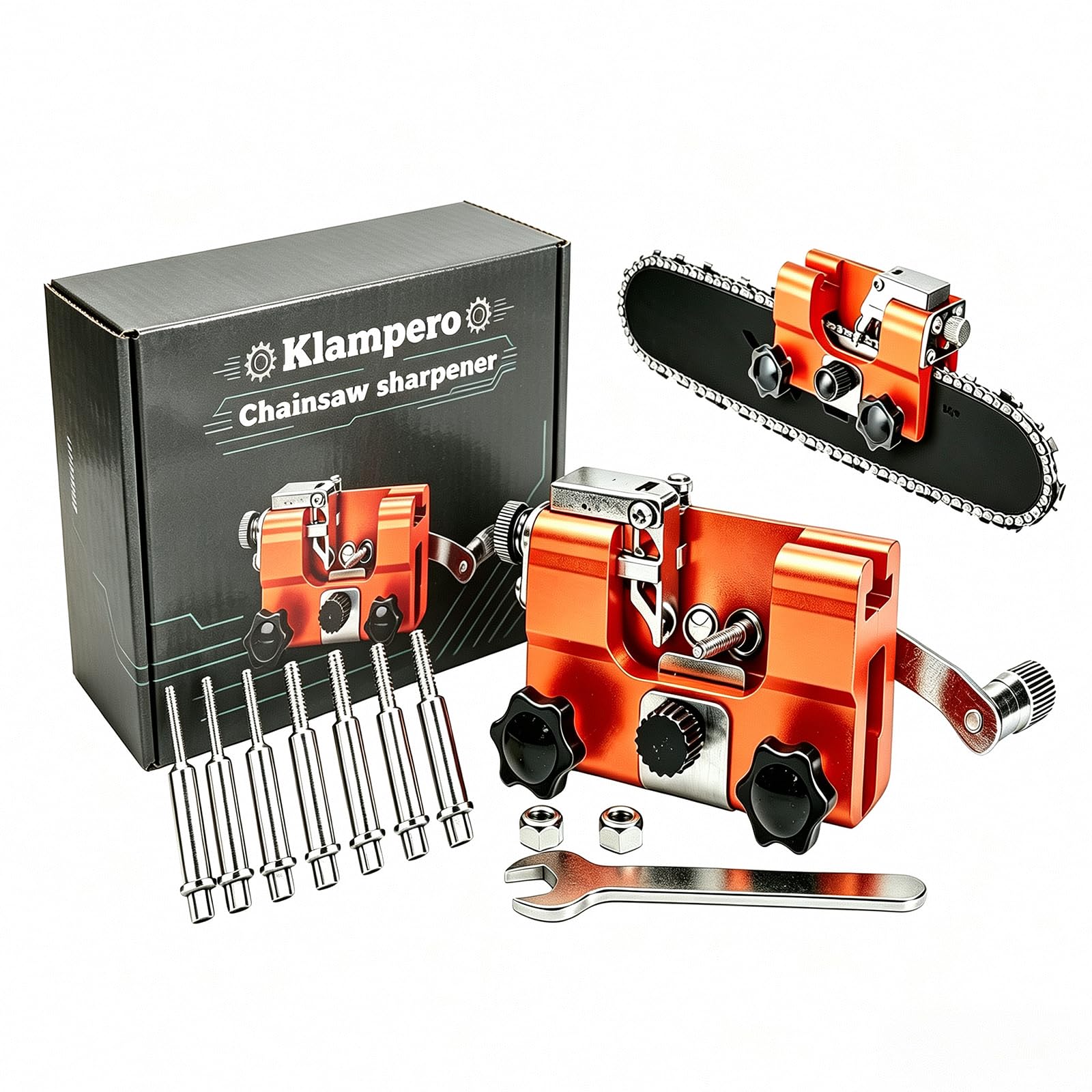Klampero Pro Chainsaw Sharpener front view with grinding stones