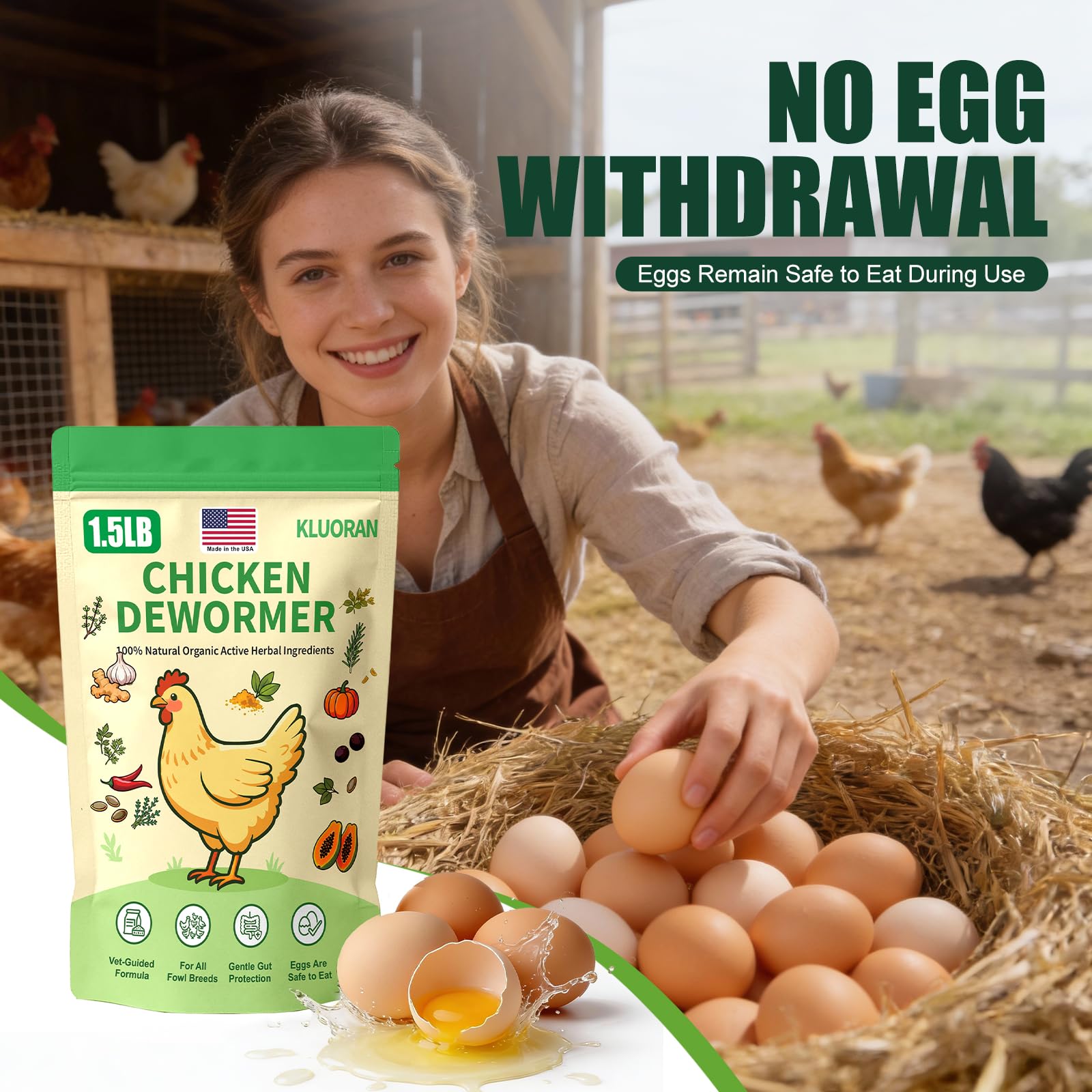 KLUORAN Natural Chicken De-Wormer Powder in a bowl