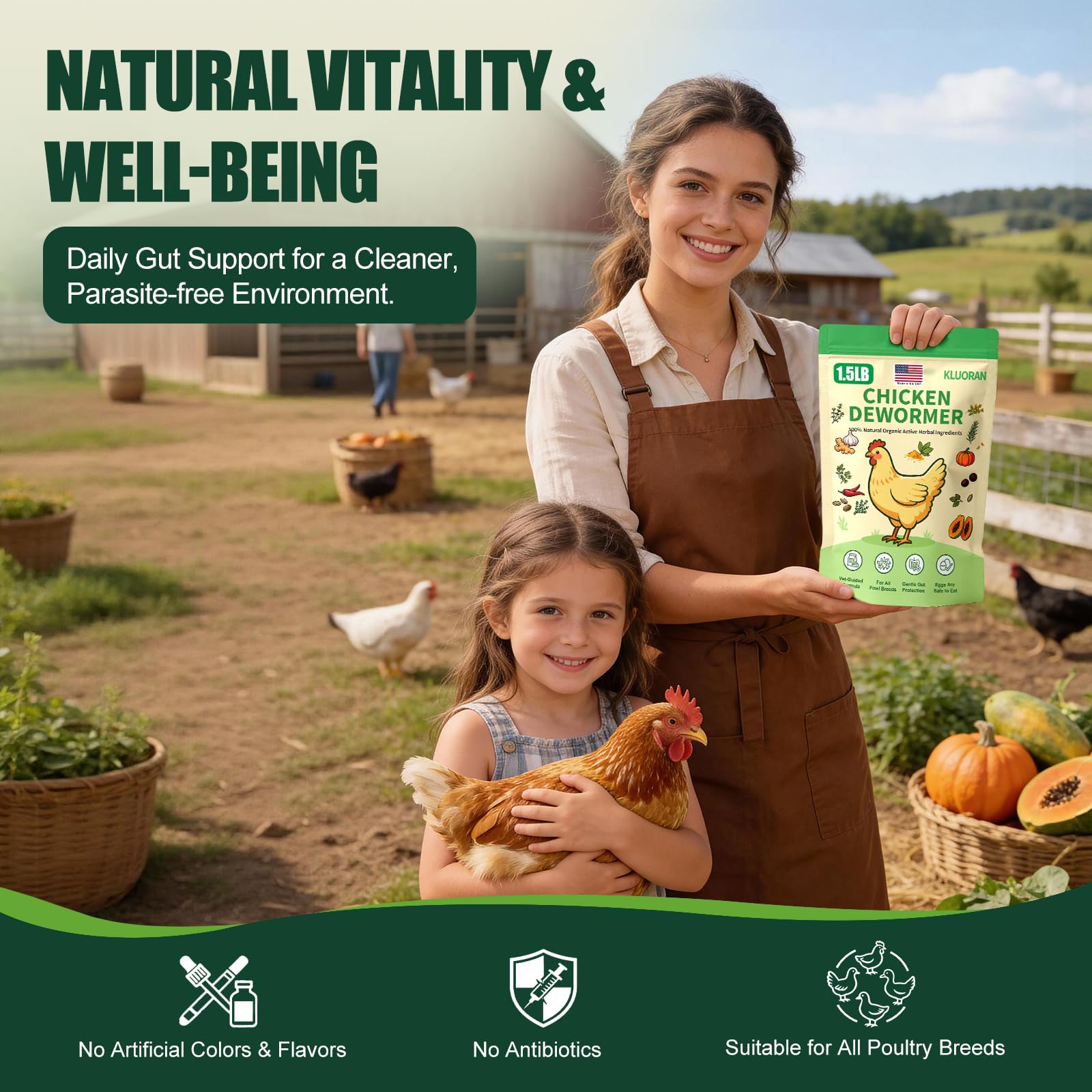 KLUORAN Natural Chicken De-Wormer Powder on a farm setting