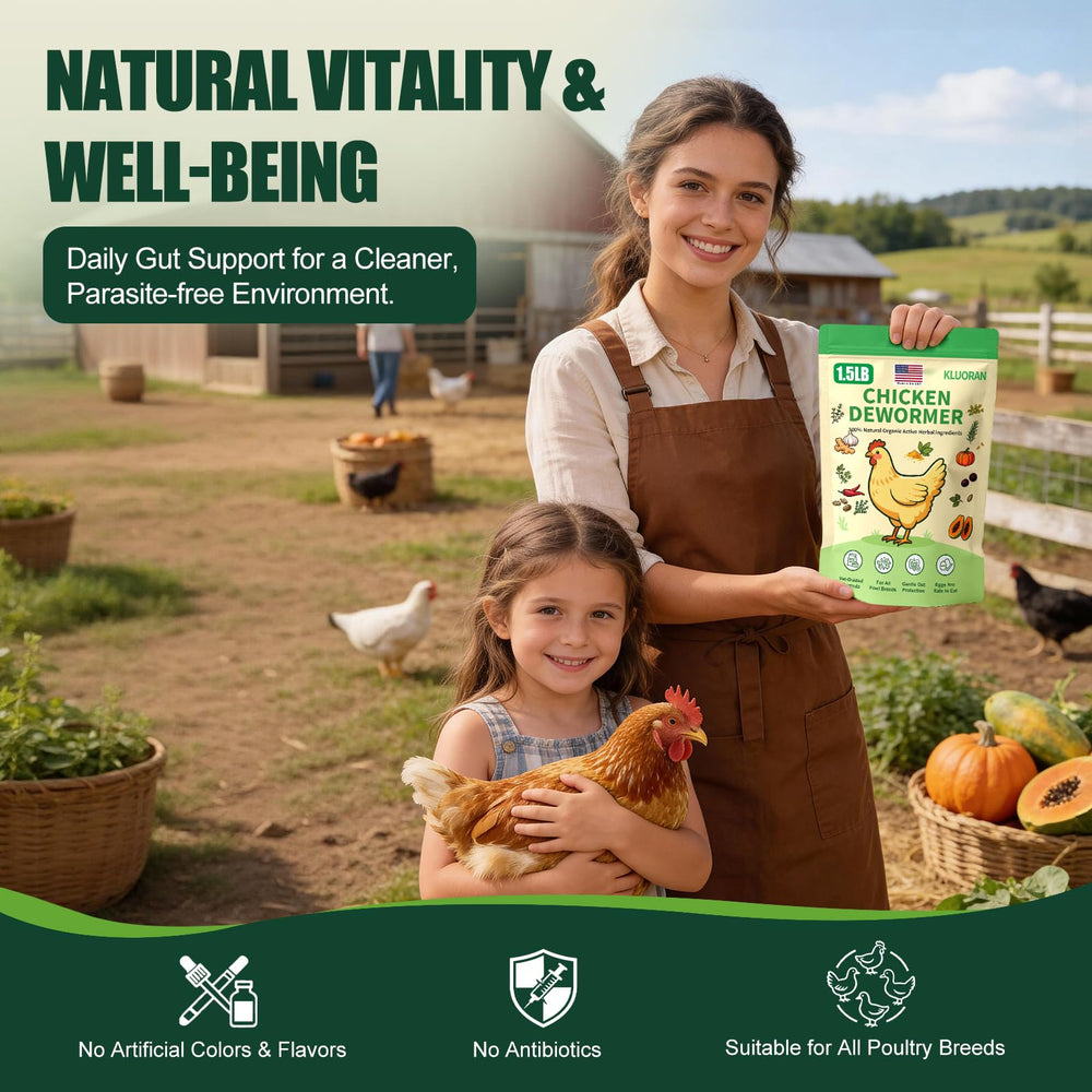 KLUORAN Natural Chicken De-Wormer Powder on a farm setting
