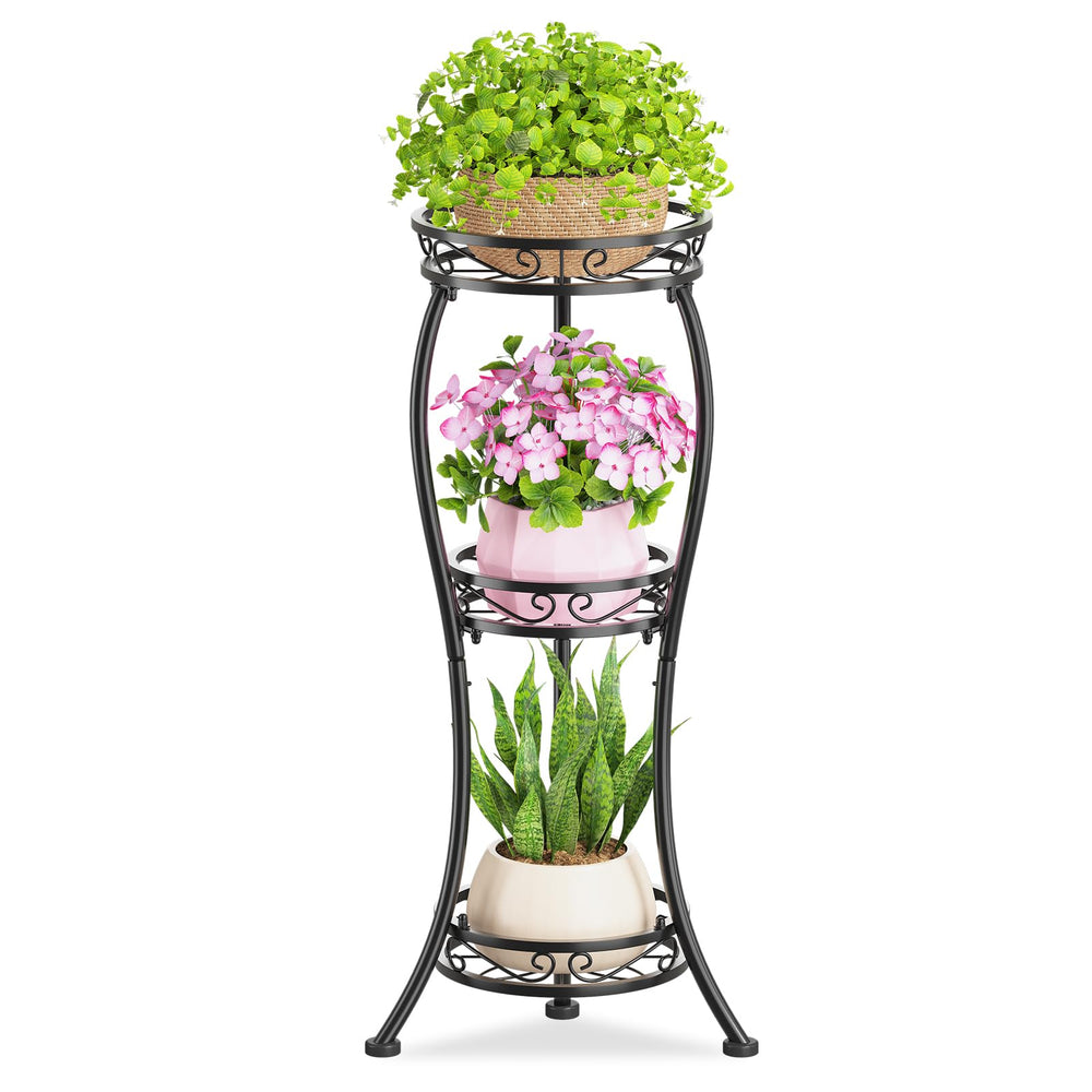 KMOTASUO 3 Tier Metal Plant Stand front view in Classic Black
