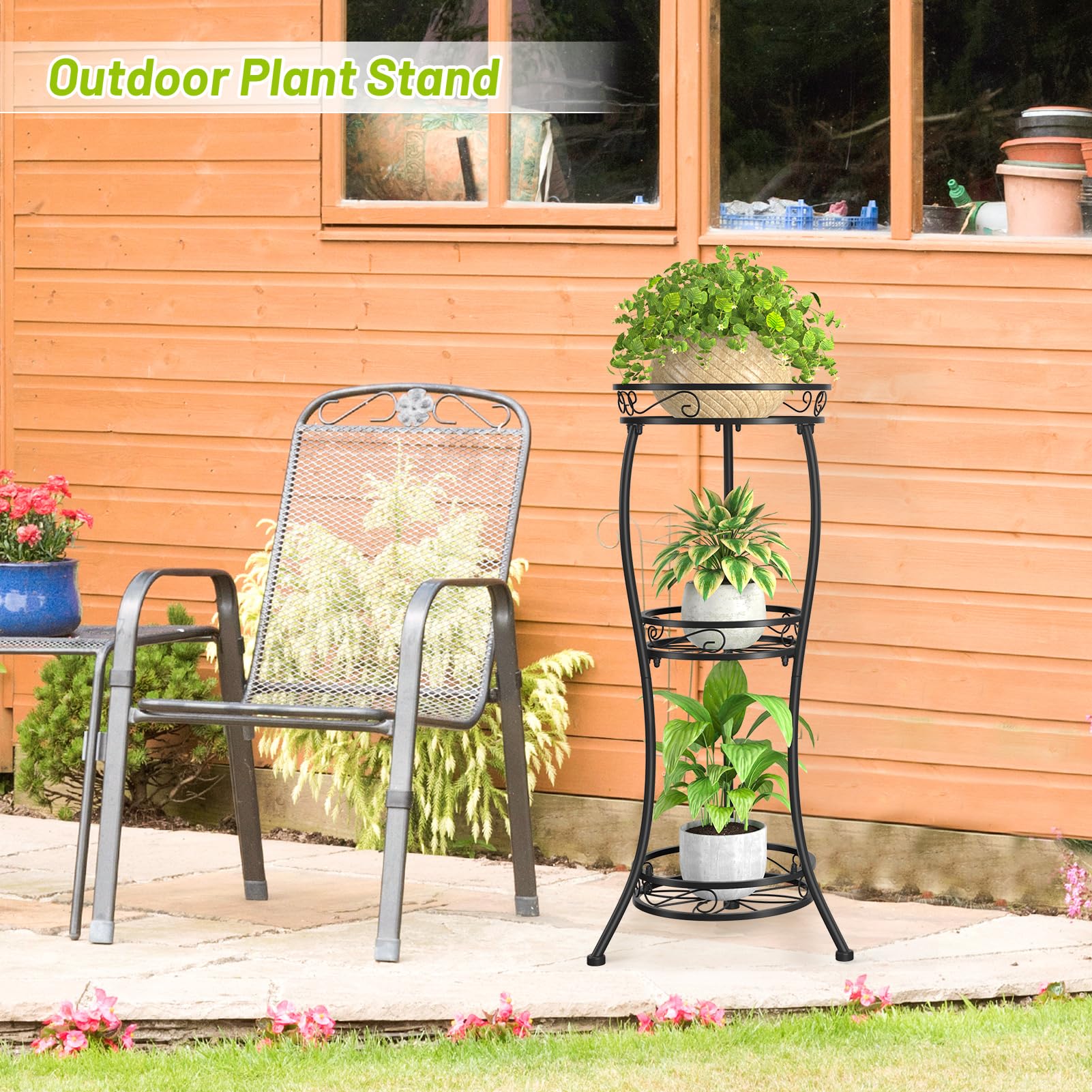 KMOTASUO 3 Tier Metal Plant Stand set up with plants