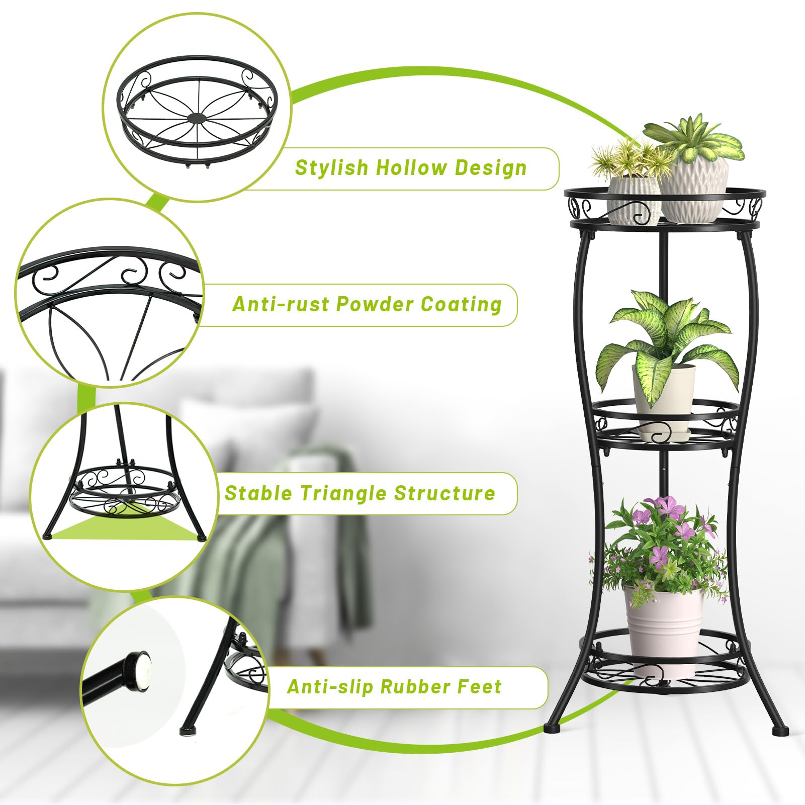 KMOTASUO 3 Tier Metal Plant Stand showing sturdy construction