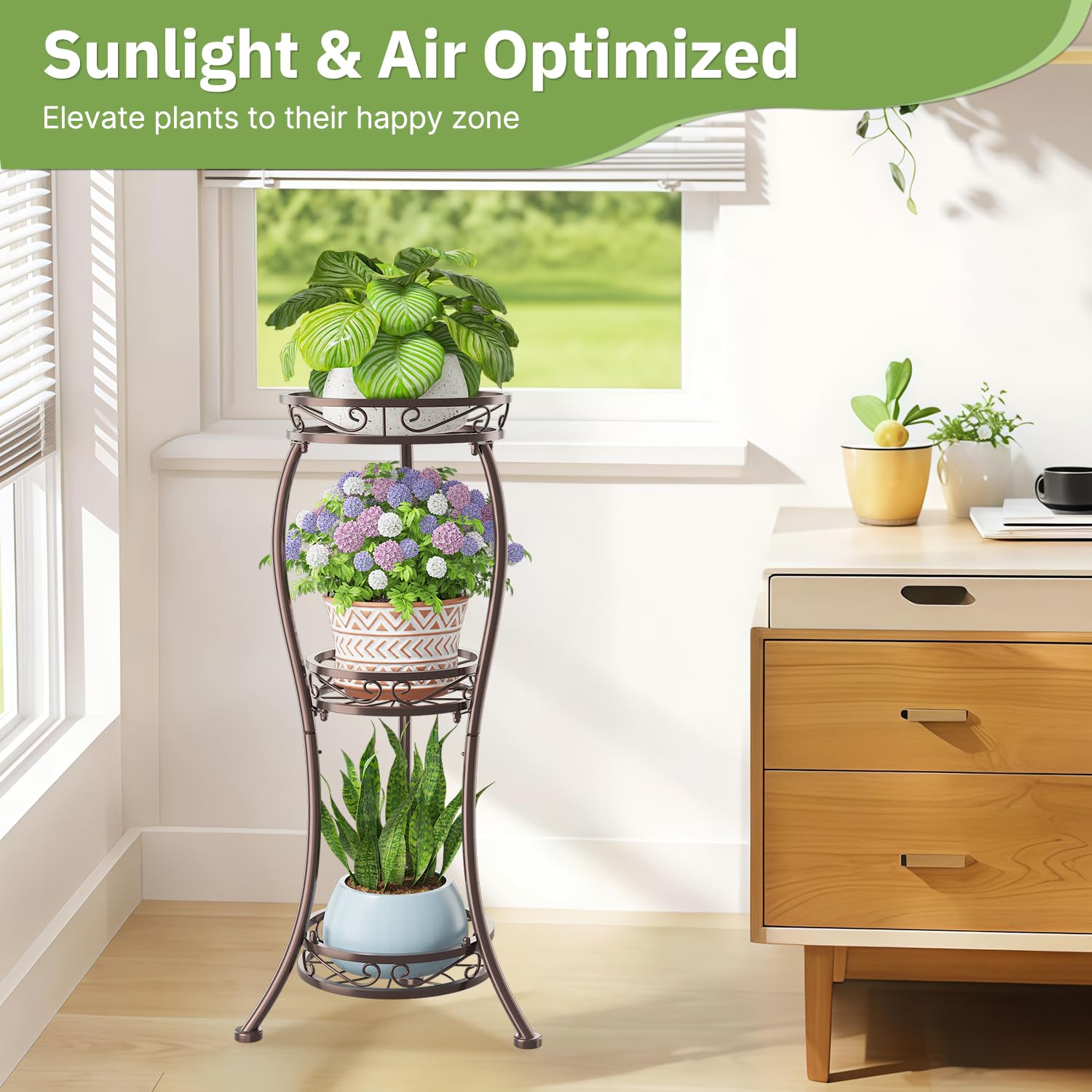 KMOTASUO Plant Stand displayed outdoors with flowers