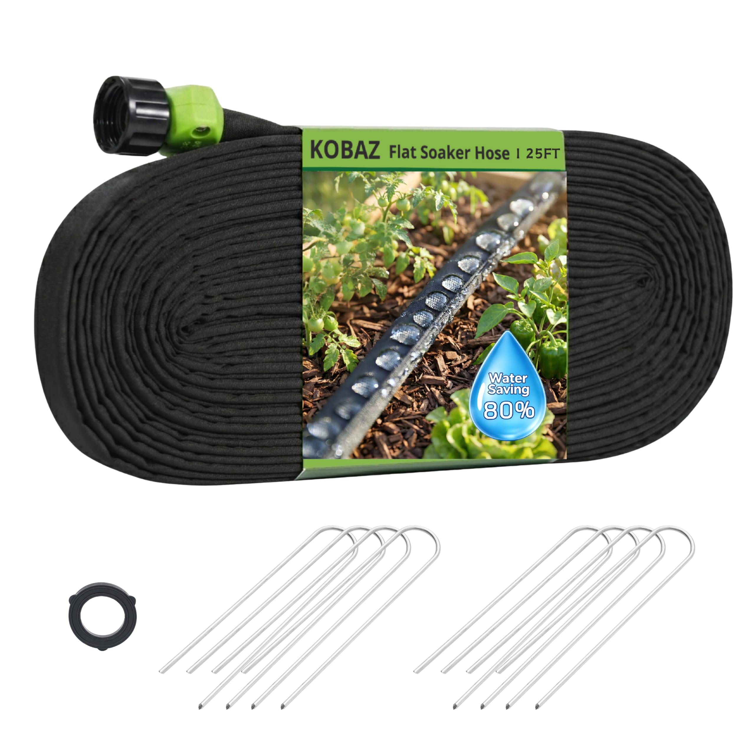 KOBAZ Flat Soaker Hose 25 FT with landscape staples
