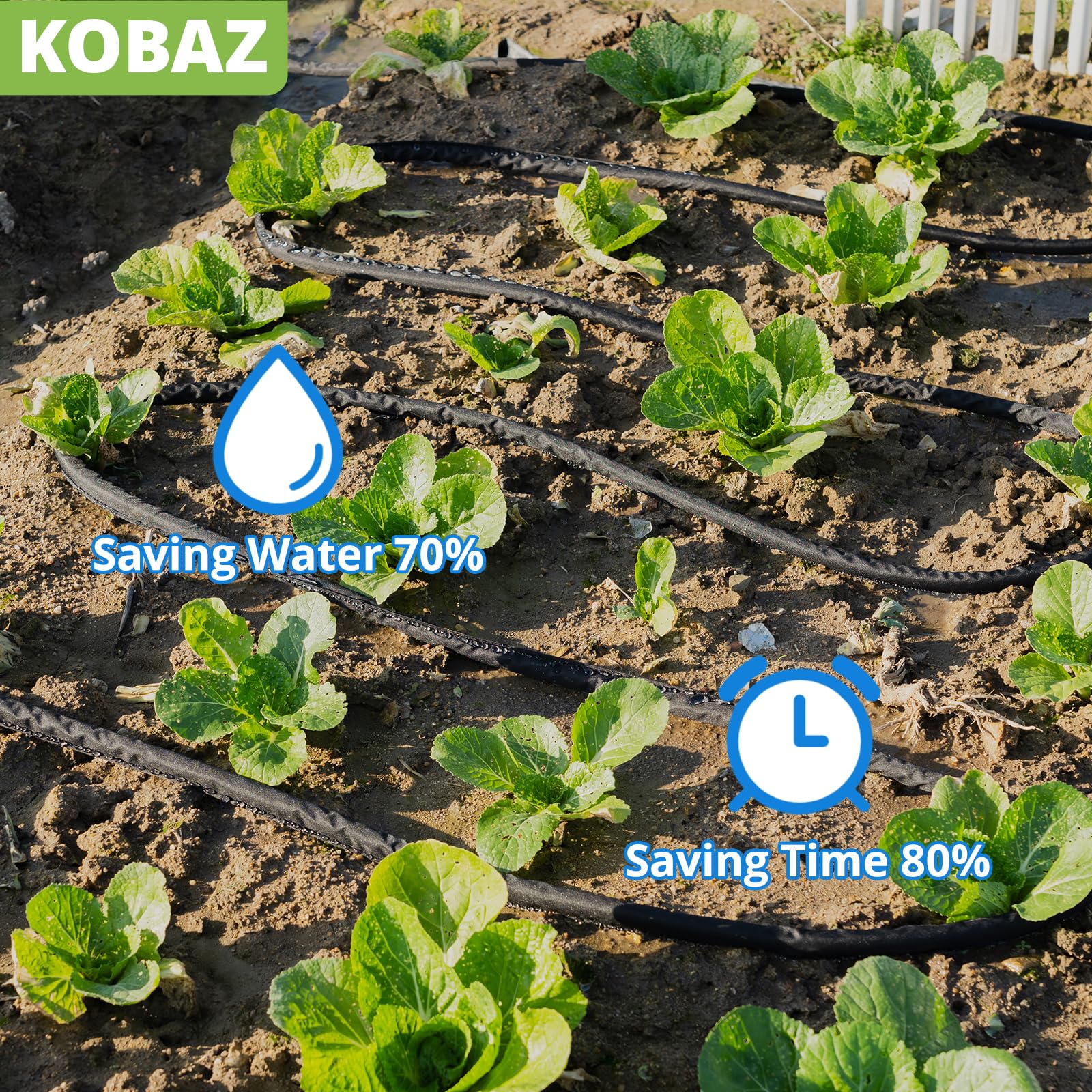KOBAZ Flat Soaker Hose 75 ft with stake in garden bed