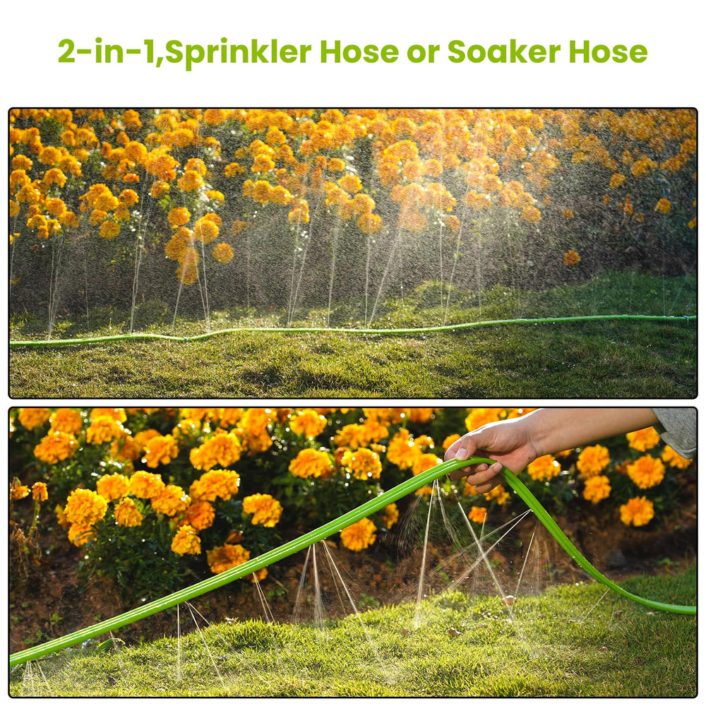 KOBAZ Sprinkler Hose laid flat in a garden with stakes