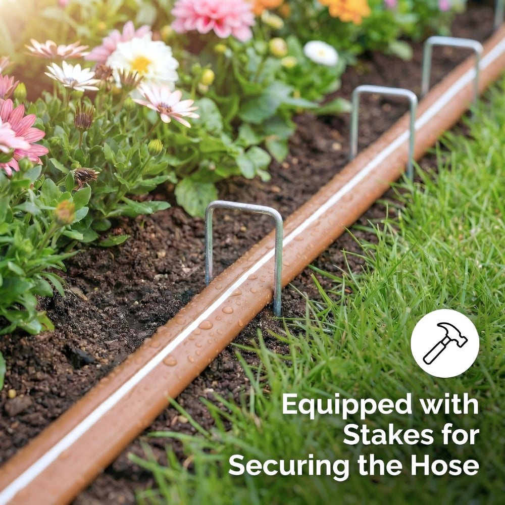 KOBAZ Sprinkler Hose with metal garden stakes in use