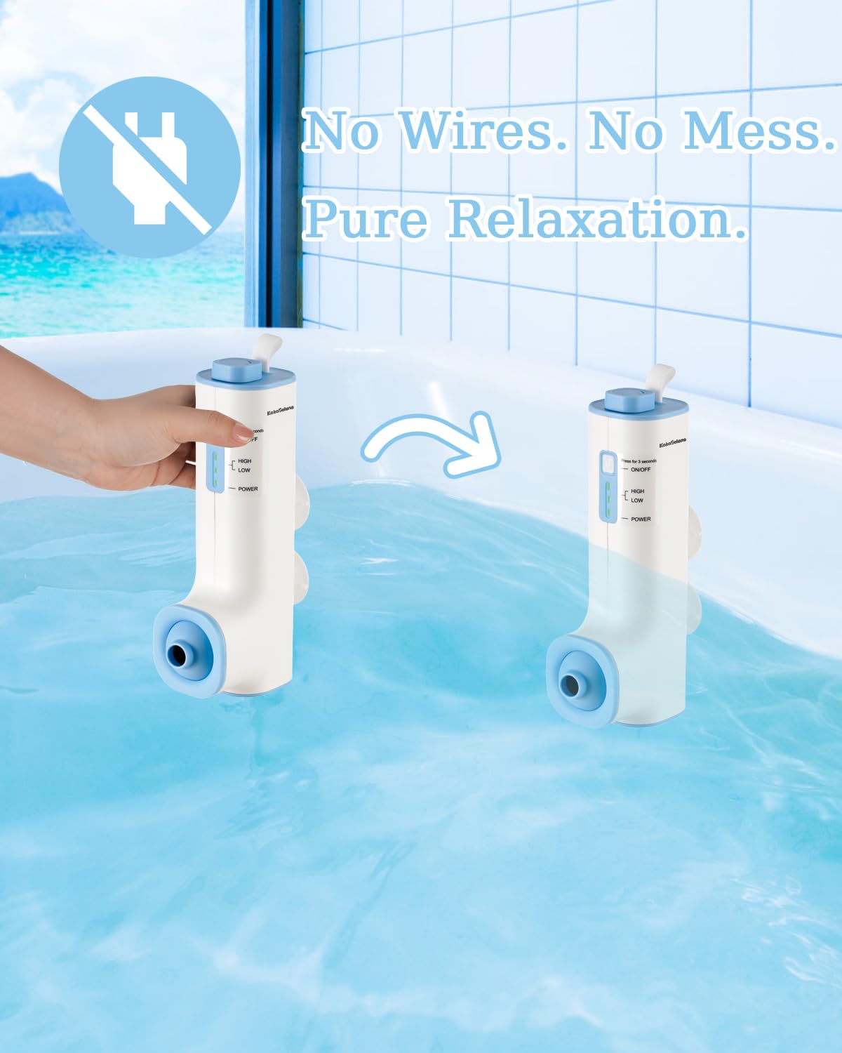 KokoSelene Rechargeable Bath Jet, back view with charging port