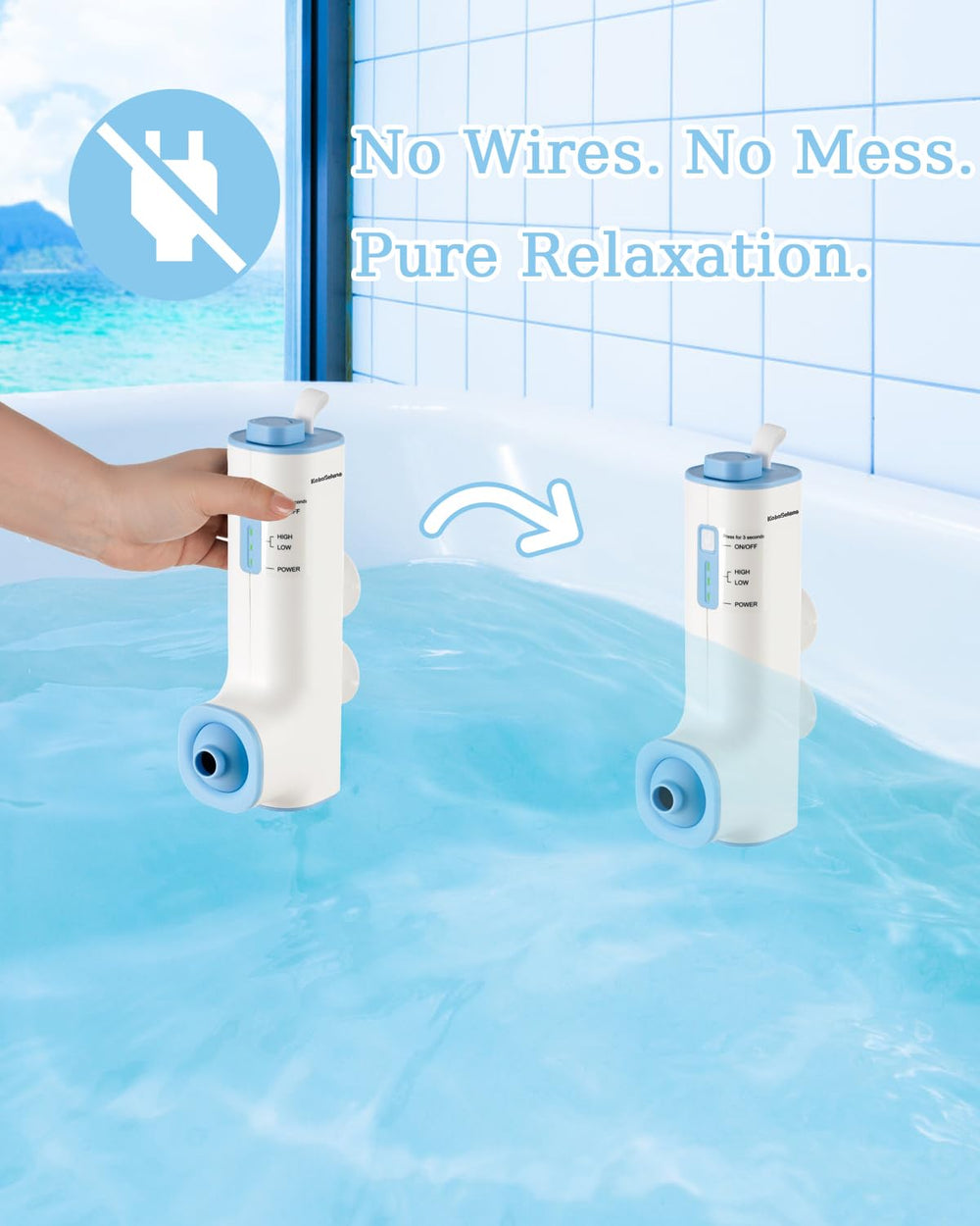 KokoSelene Rechargeable Bath Jet, back view with charging port
