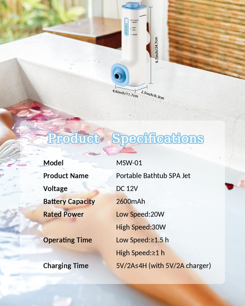 KokoSelene Rechargeable Bath Jet, close-up of controls
