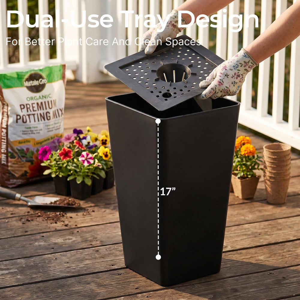 KOL black planter with plants on patio