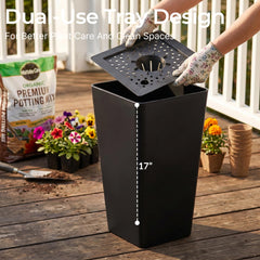 KOL black planter with plants on patio